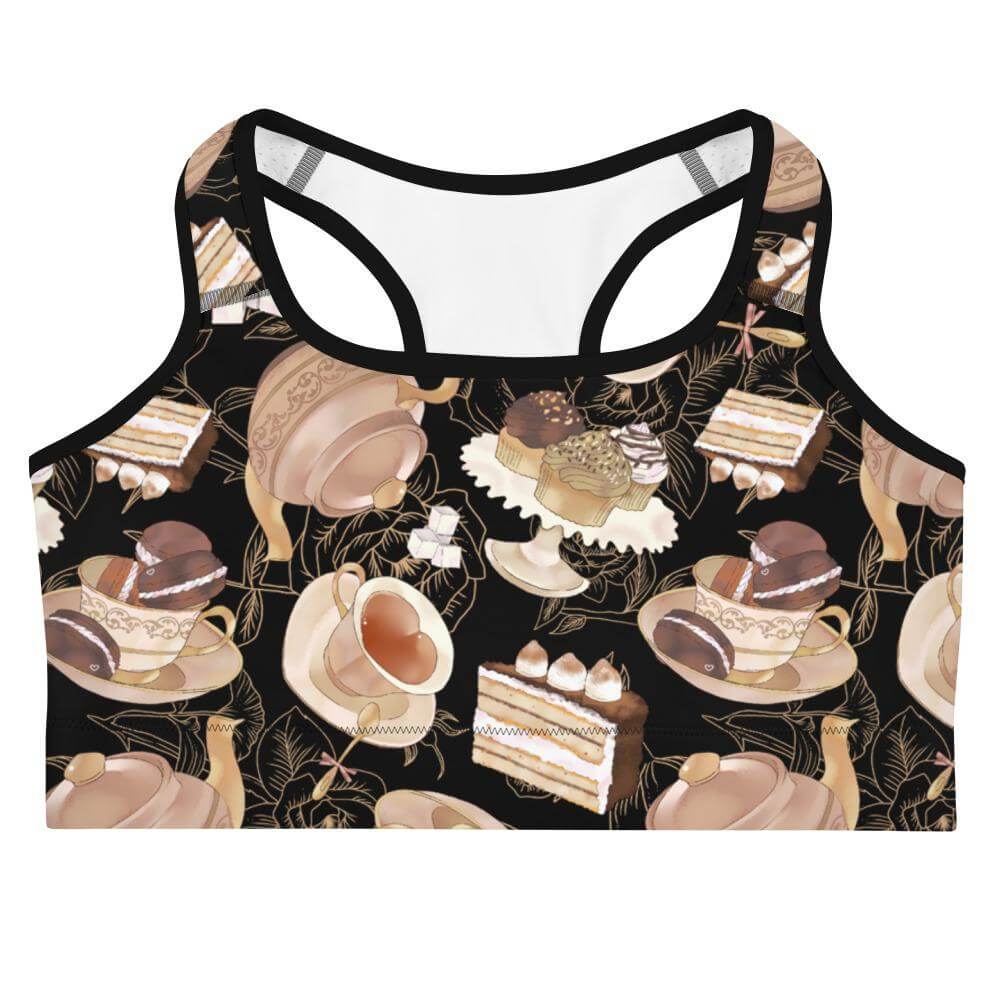 Café Sports bra features a charming dessert pattern, perfect for workouts or coffee breaks. Stylish and supportive!