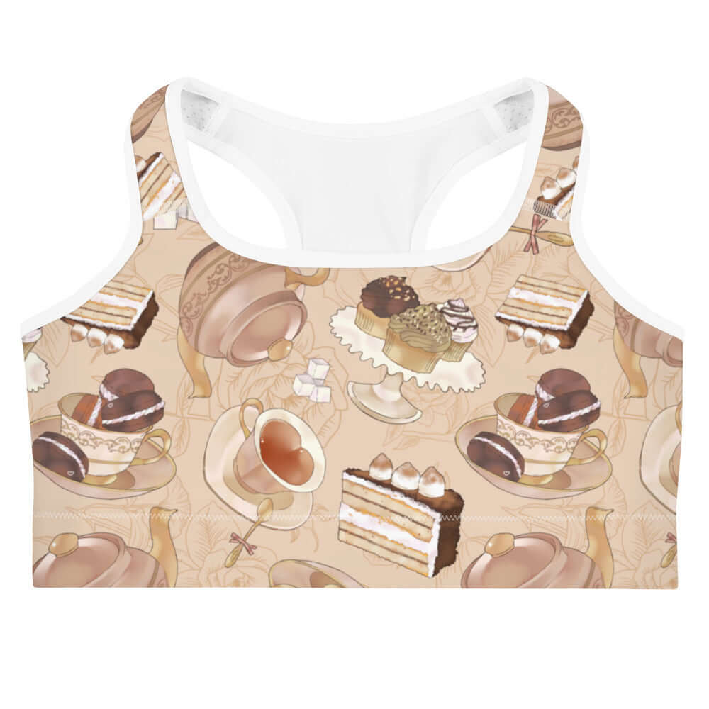 Café Sports bra featuring a charming dessert print, perfect for yoga or coffee breaks. Embrace comfort and style!