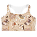Café Sports bra featuring a charming dessert print, perfect for yoga or coffee breaks. Embrace comfort and style!
