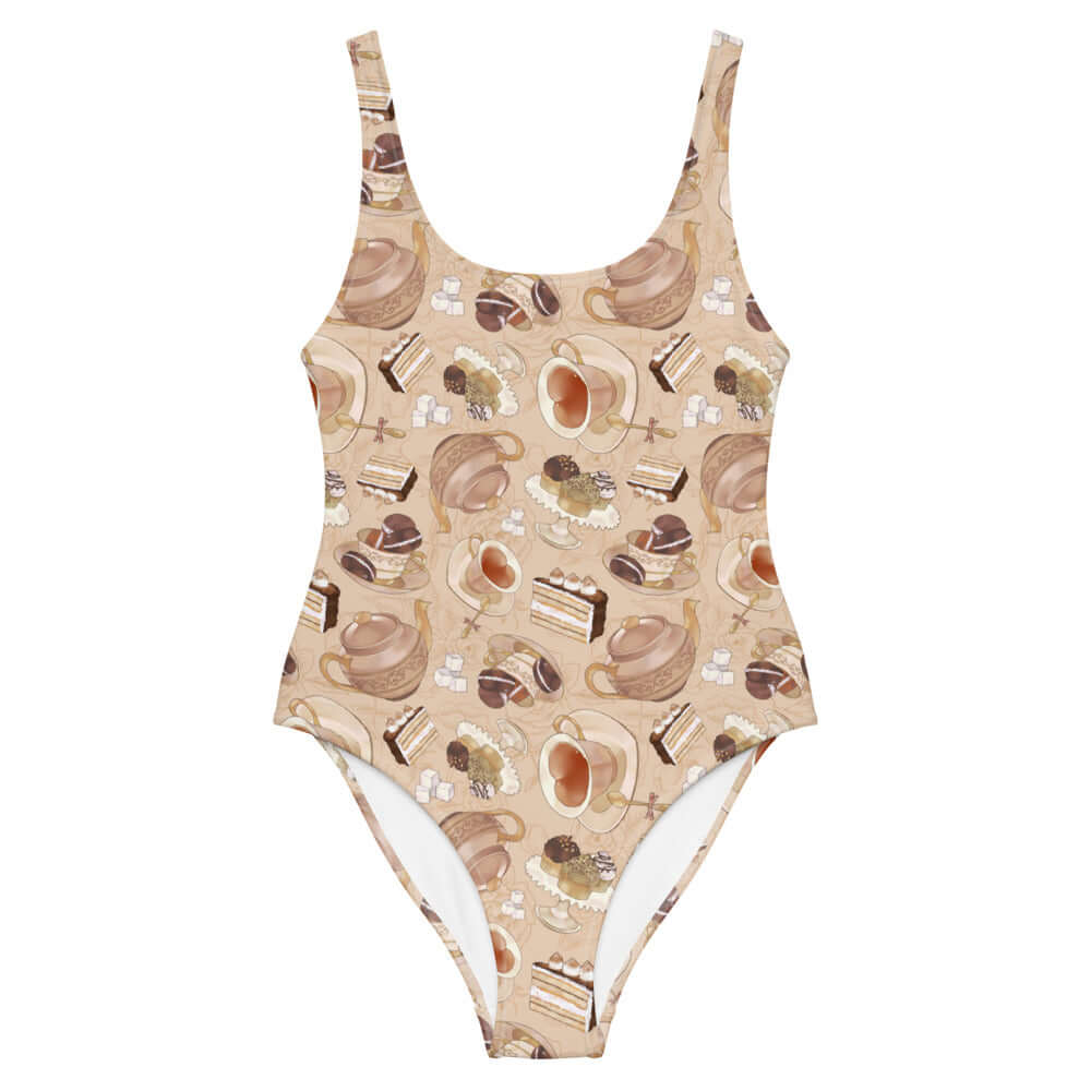Enjoy the sun in the stylish Café One-Piece Swimsuit featuring a charming pastry and tea design. Perfect for beach days!