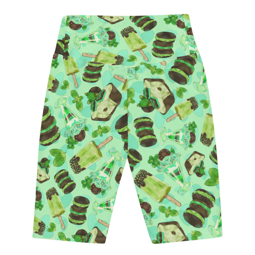 Choco Mint Biker Shorts feature a fun dessert print, perfect for comfort and style during workouts or casual wear.