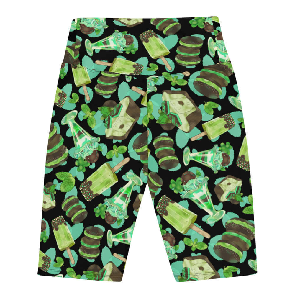 Choco Mint Biker Shorts feature a fun dessert print, perfect for comfort and style during workouts.