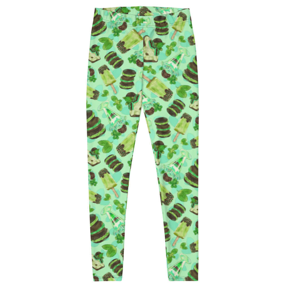Choco Mint Leggings feature a fun pattern and vibrant colors, perfect for summer activities or lounging at home.