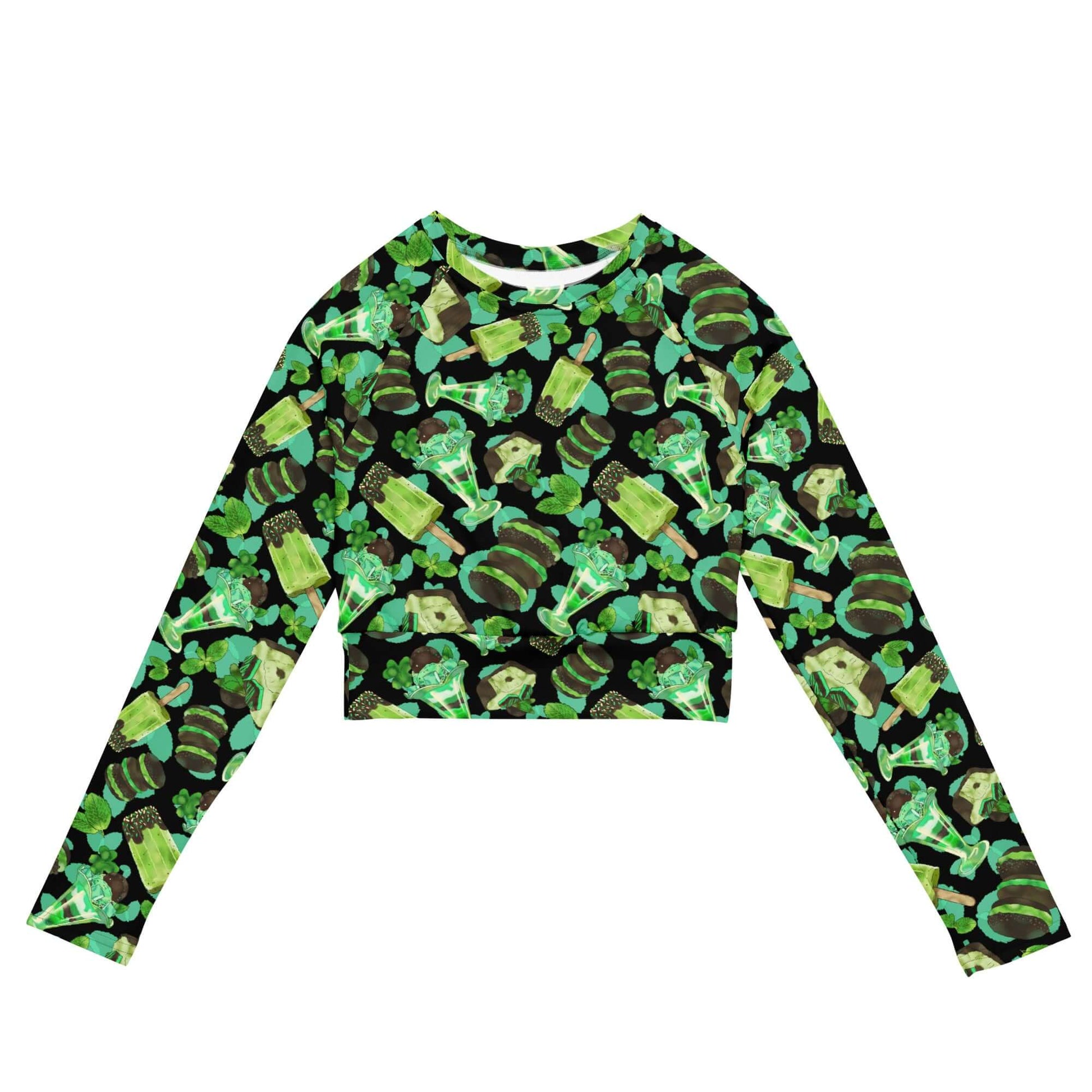 Choco Mint Long-sleeved Crop Top features a fun print, perfect for eco-friendly athleisure or casual wear.