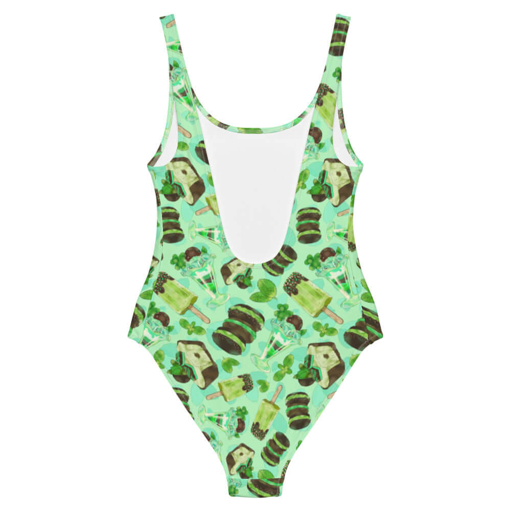 Choco Mint One-Piece Swimsuit featuring a fun dessert print, perfect for flaunting your style at the pool.