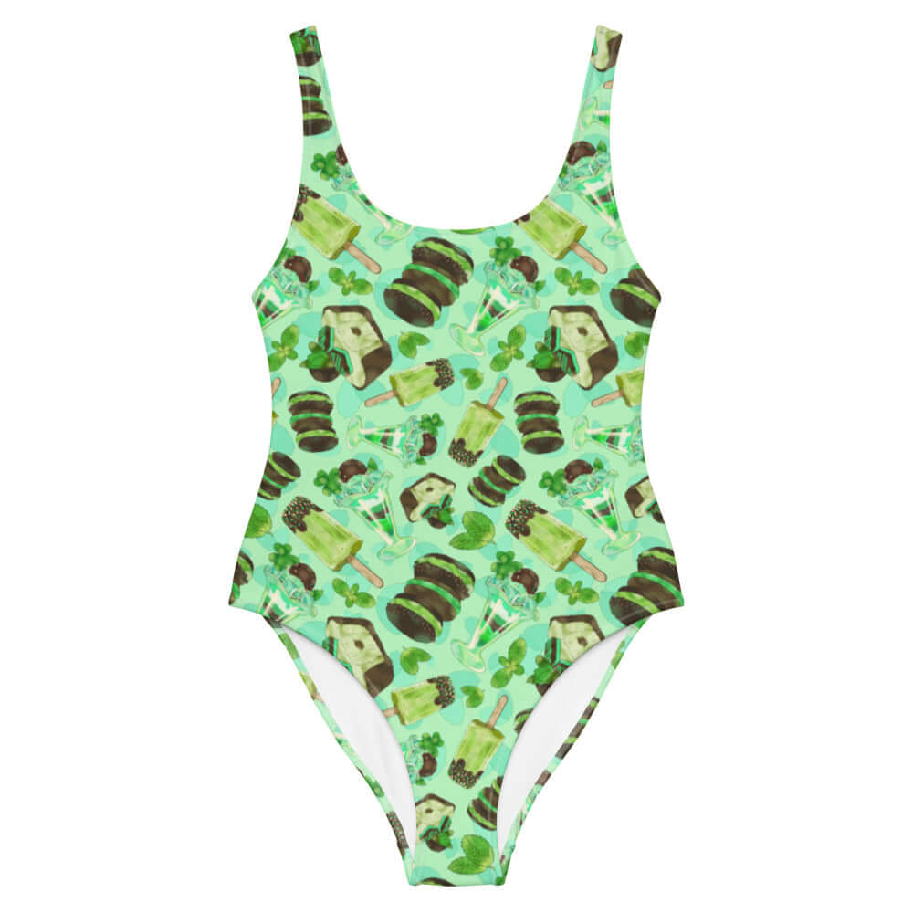 Choco Mint One-Piece Swimsuit featuring a fun dessert print, perfect for making a splash at the pool.