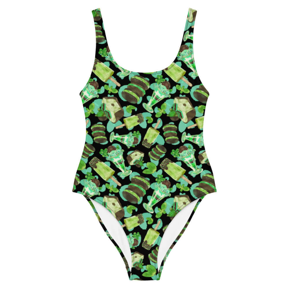 Choco Mint One-Piece Swimsuit featuring a playful dessert print, perfect for stylish summer pool days.