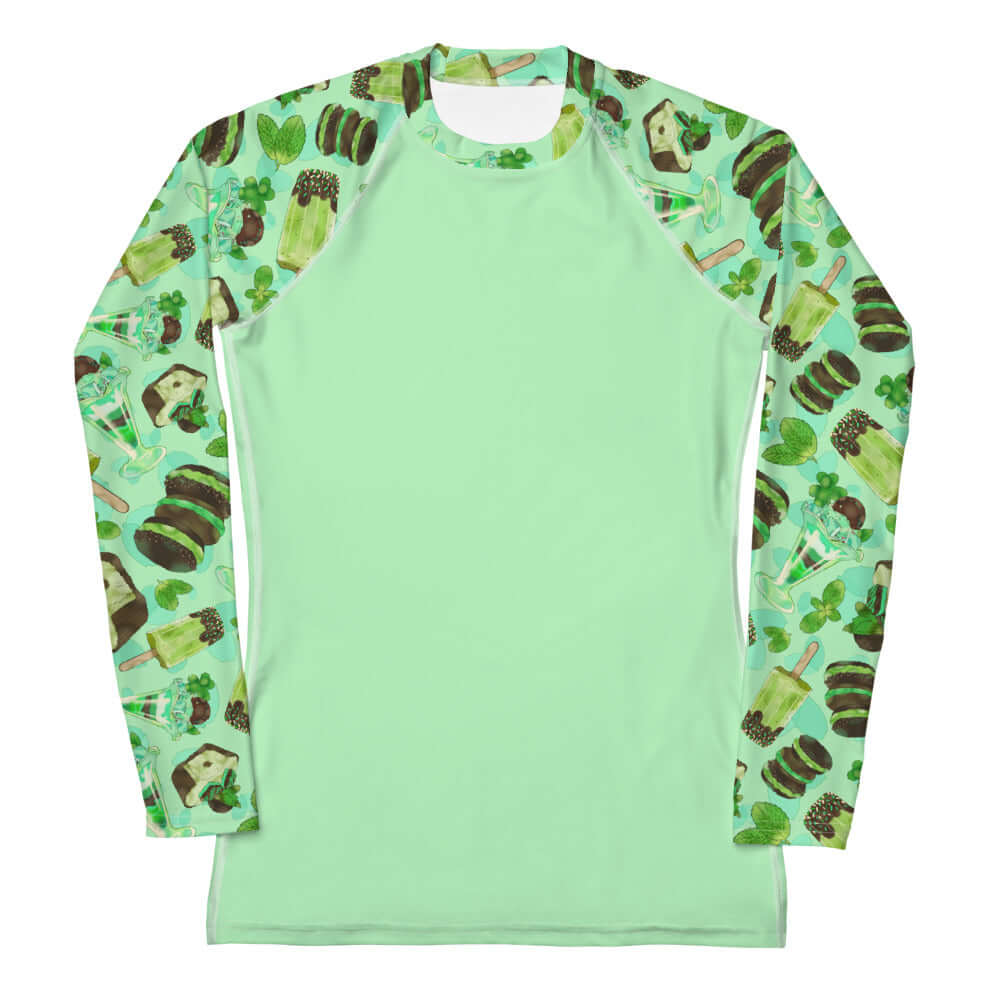 Choco Mint Rash Guard featuring a fun mint pattern, perfect for active wear and sun protection at your favorite store.