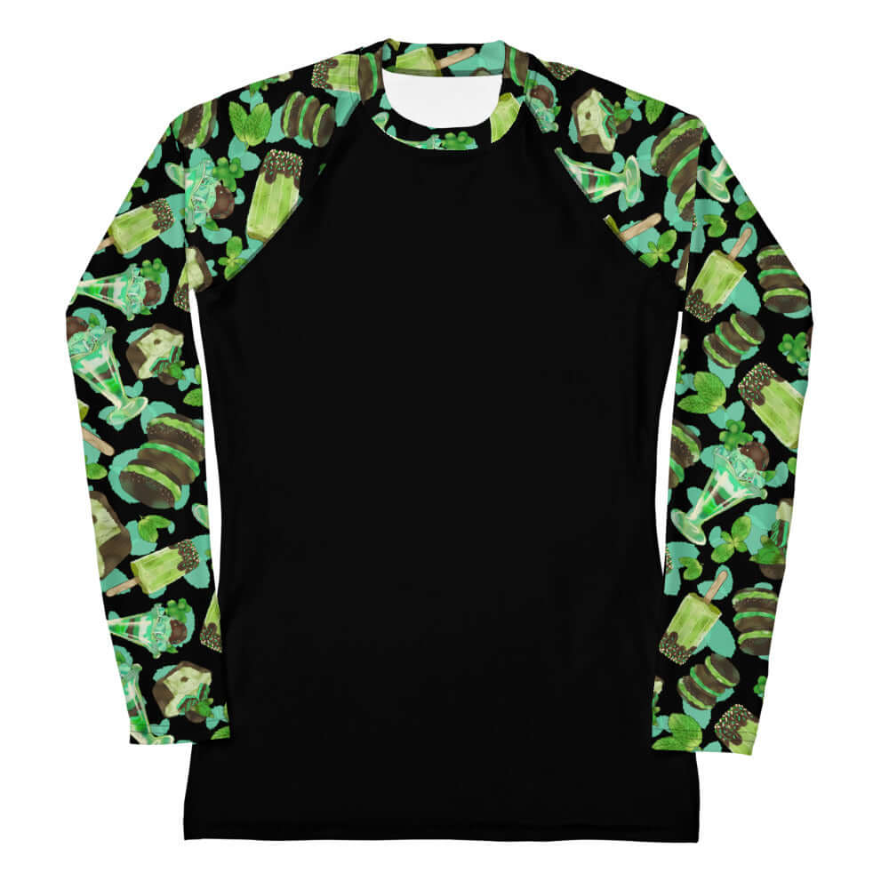 Choco Mint Rash Guard featuring vibrant mint patterns, perfect for active days outdoors with sun protection.