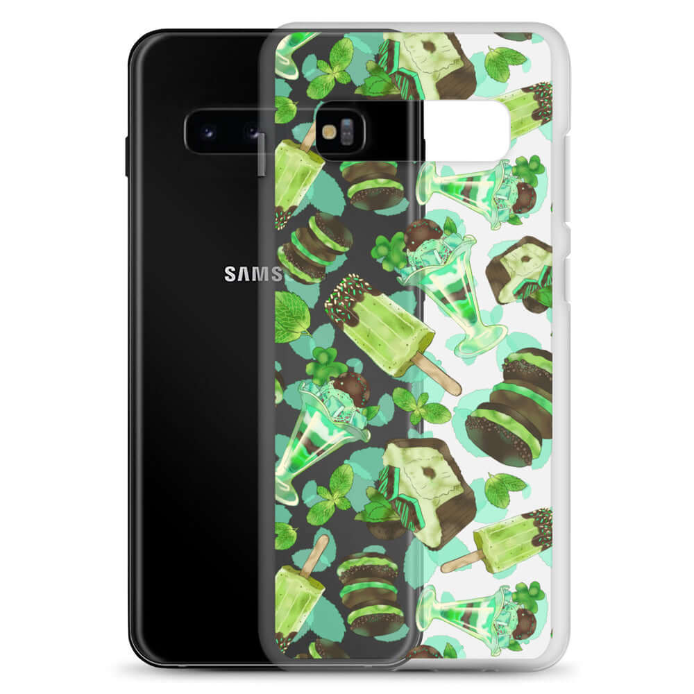Choco Mint Samsung® Clear Case showcases a vibrant mint design, protecting your phone stylishly and cheerfully.