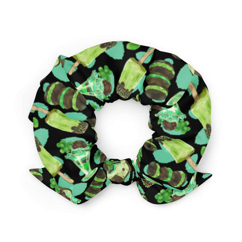 Bright and stylish Choco Mint Scrunchie featuring fun mint and chocolate patterns, perfect for any outfit!