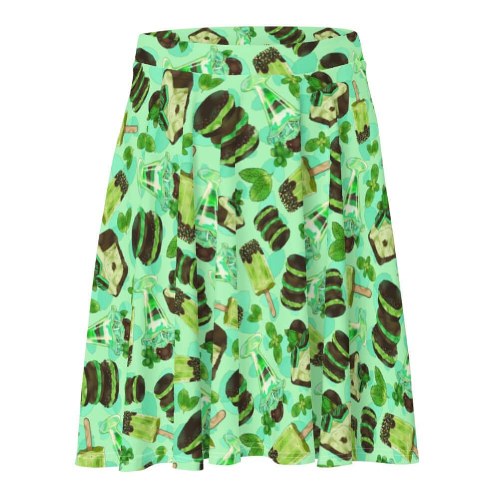 Choco Mint Skater Skirt featuring a playful mint and green design, perfect for adding a refreshing touch to any outfit.