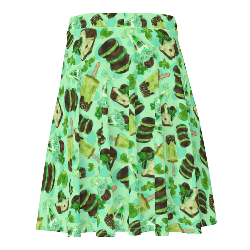 Choco Mint Skater Skirt featuring a vibrant mint and green pattern, perfect for adding a sweet touch to any outfit.