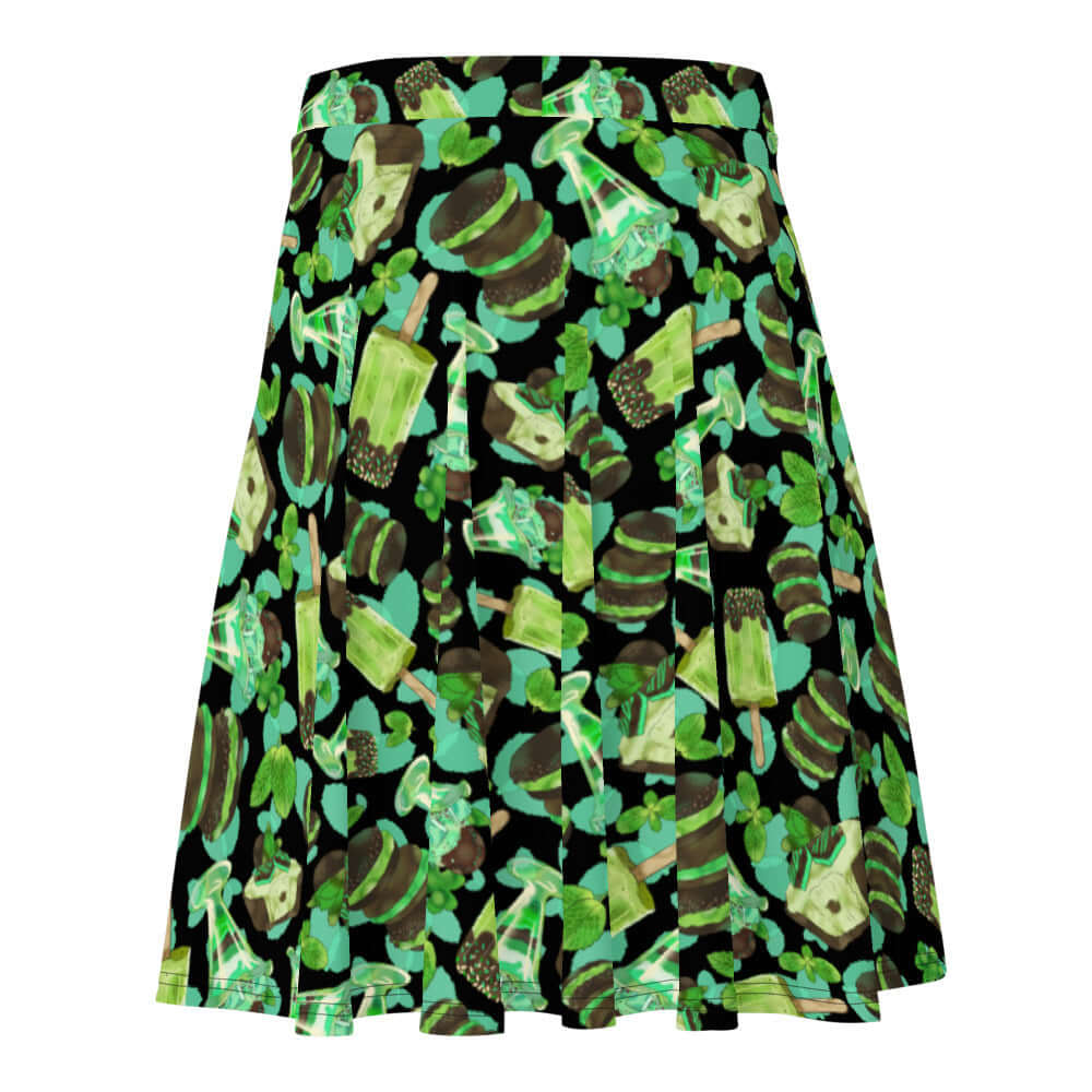Choco Mint Skater Skirt featuring vibrant mint and green patterns, perfect for adding flair to any outfit.