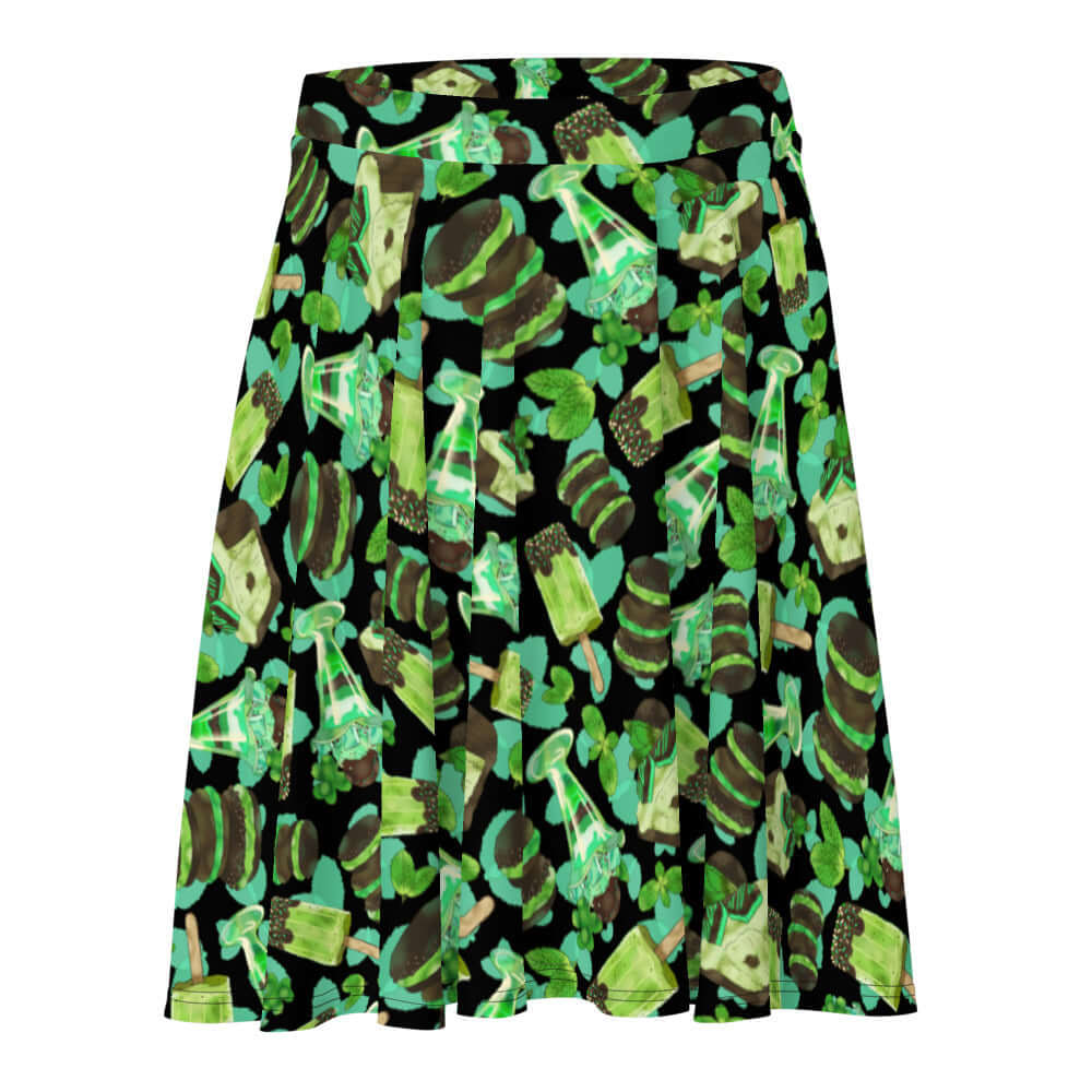 Choco Mint Skater Skirt features a vibrant mint and green design, perfect for a refreshing outfit. Ideal for any body type!