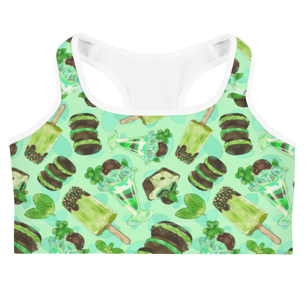 Choco Mint Sports bra features vibrant green patterns, perfect for staying fresh and stylish at the gym.