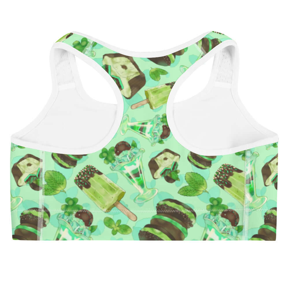 Choco Mint Sports bra features a fun green print, perfect for a fresh workout look and moisture-wicking comfort.