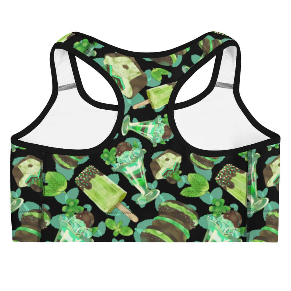 Choco Mint Sports bra showcases vibrant green patterns, perfect for staying fresh and stylish during workouts.