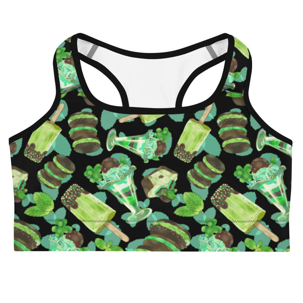 Choco Mint Sports bra features vibrant green patterns, perfect for a fresh gym look and moisture-wicking comfort.