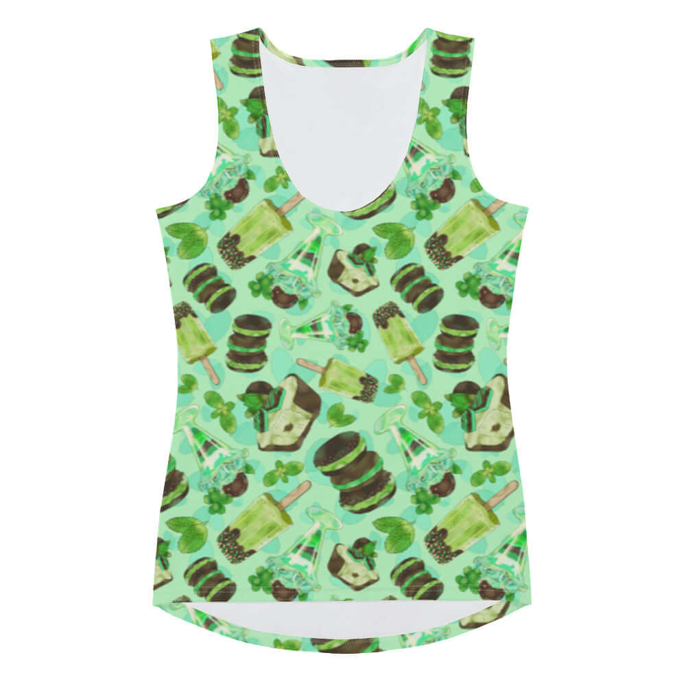 Choco Mint Tank Top features a fun mint pattern, perfect for summer with a body-hugging fit. Refresh your wardrobe!