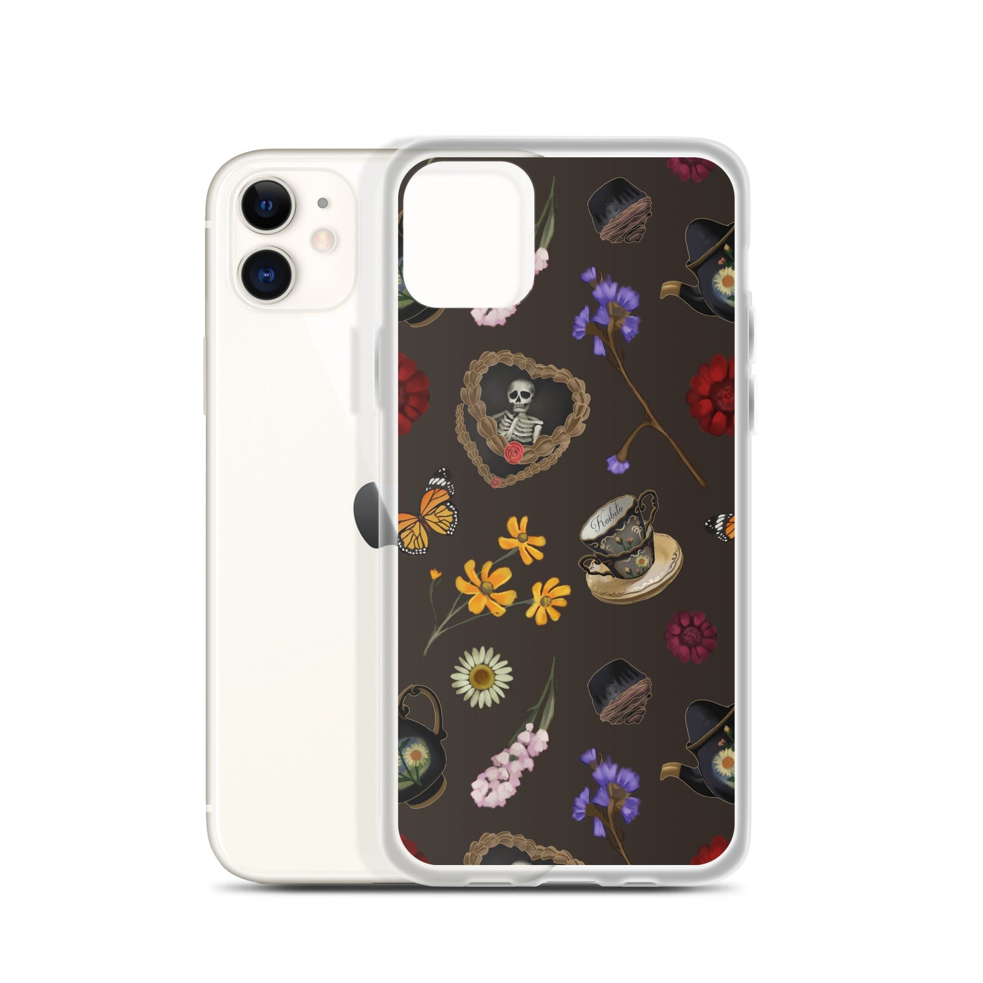 Sleek Gothic Tea Time iPhone® Clear Case featuring floral and skeleton designs, perfect for style and protection.