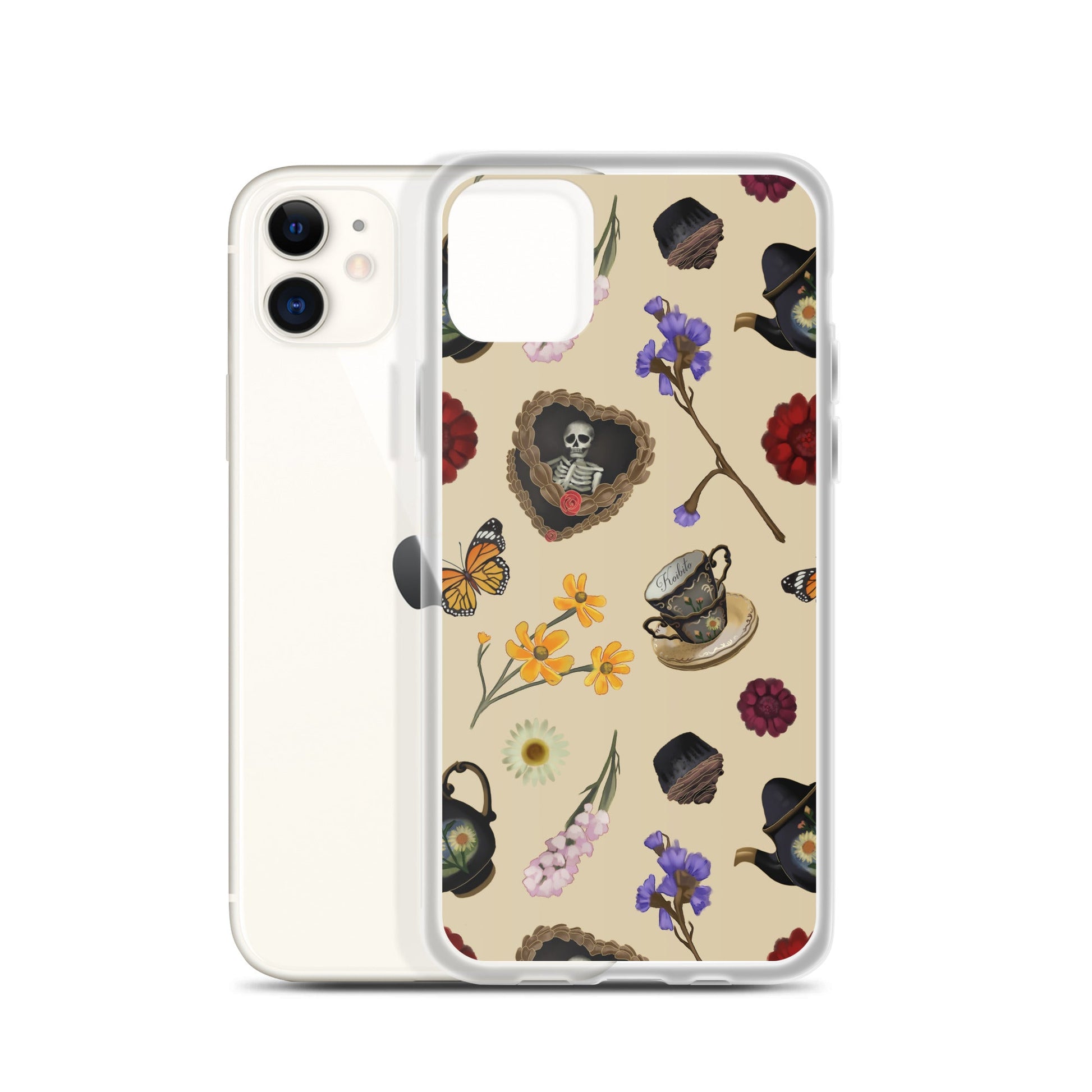 Gothic Tea Time iPhone® Clear Case featuring whimsical designs, offering stylish protection for your device.