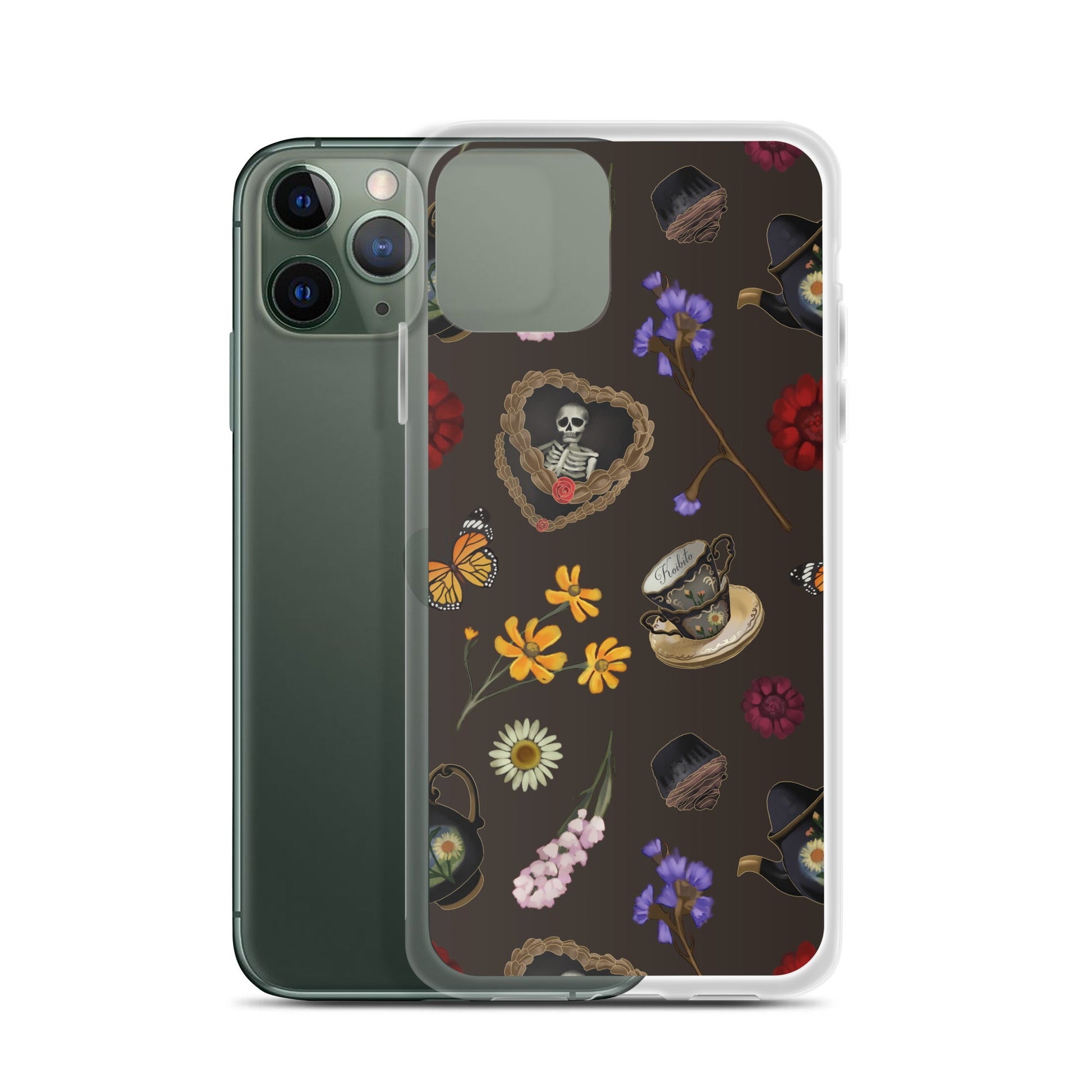 Elegant Gothic Tea Time iPhone® Clear Case featuring floral and skull designs, perfect protection for your device.