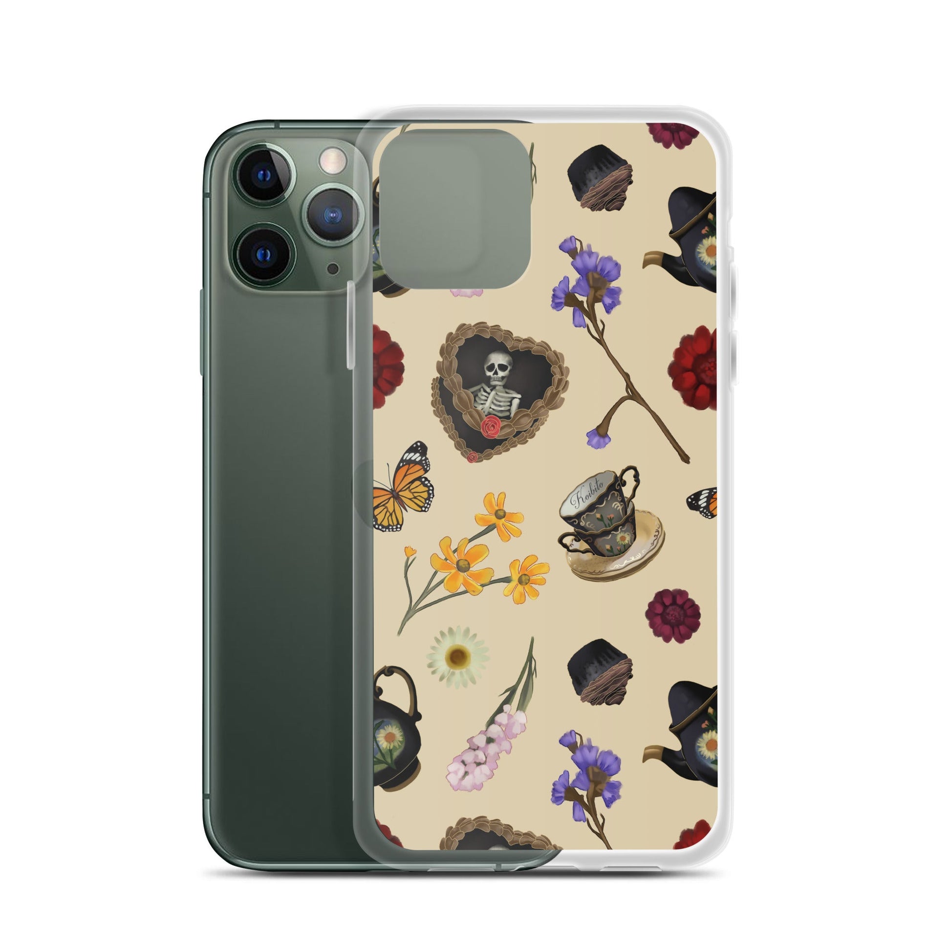Stylish Gothic Tea Time iPhone® Clear Case featuring whimsical designs, protecting against scratches and dirt.