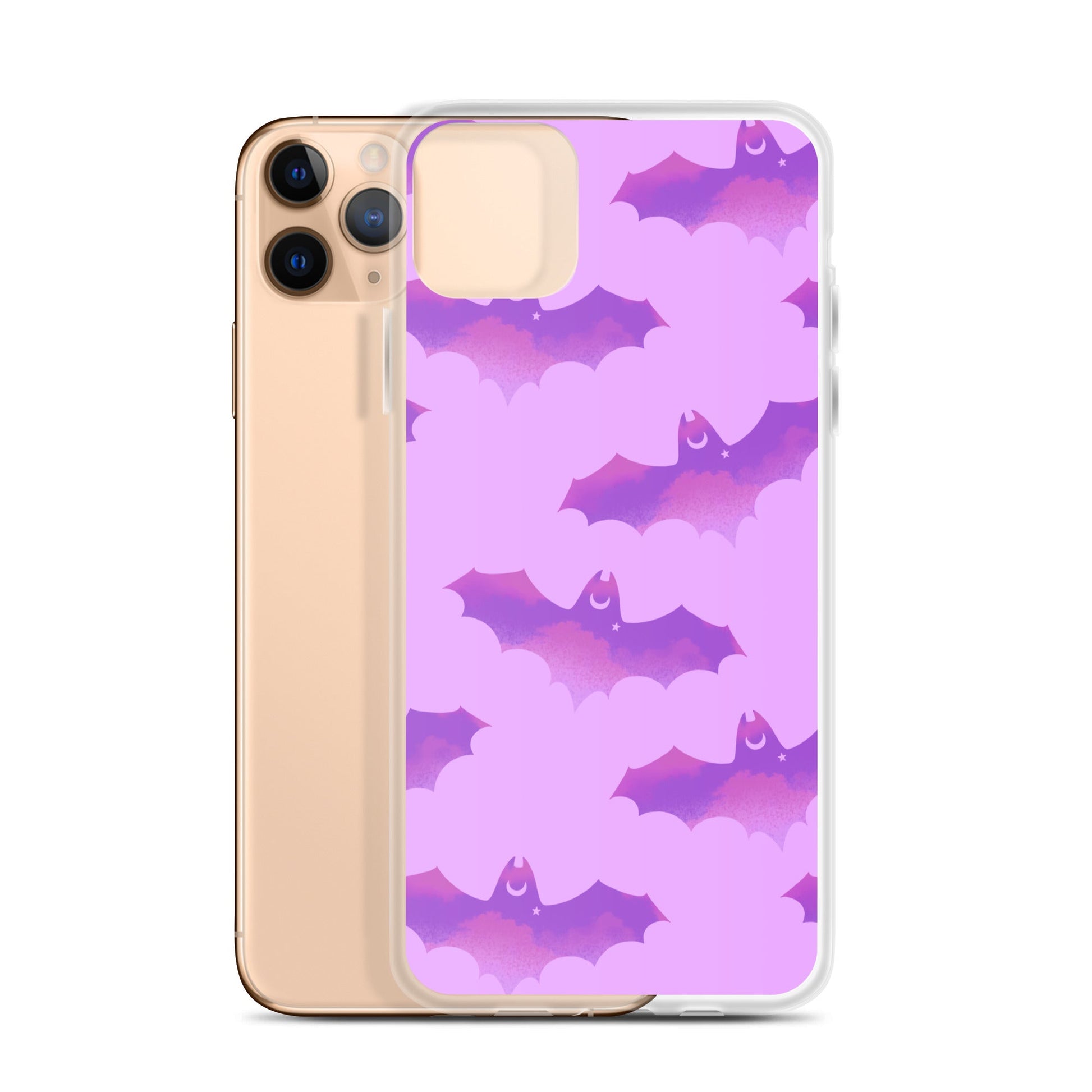 Showcasing the Aensland iPhone® Clear Case with a stylish bat design, offering protection from scratches and dust.