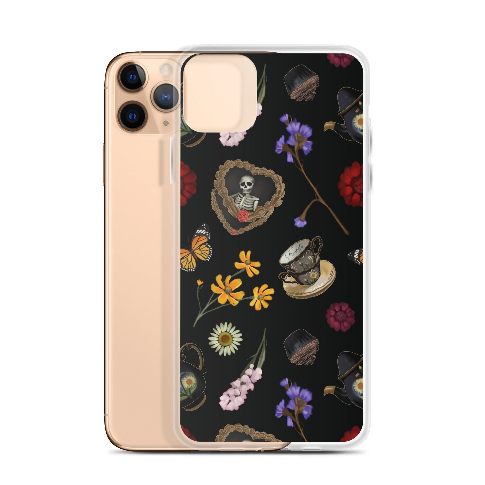 Sleek Gothic Tea Time iPhone® Clear Case featuring floral and skull designs, protecting your phone stylishly.