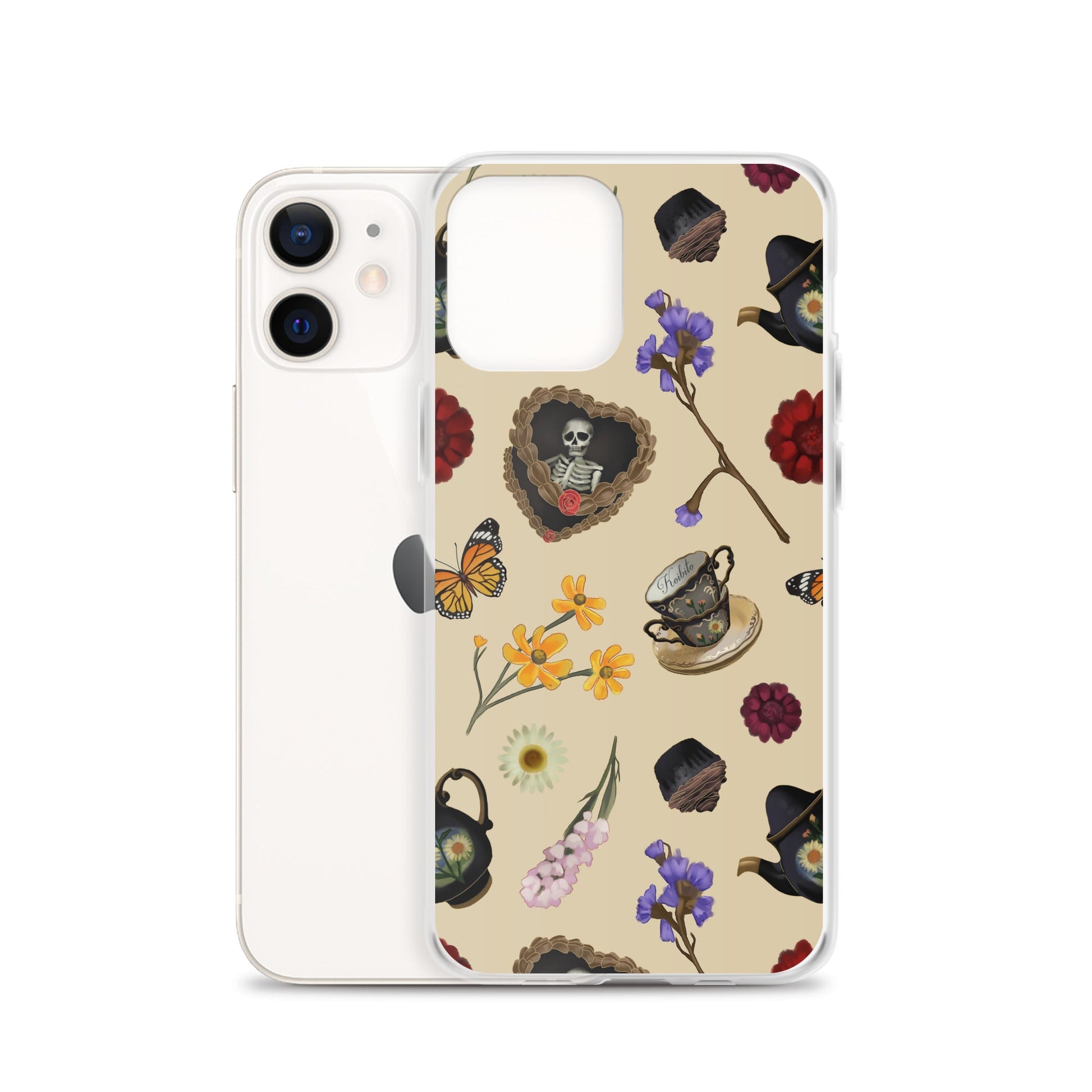 Gothic Tea Time iPhone® Clear Case features a unique design with floral and skull motifs for stylish protection.