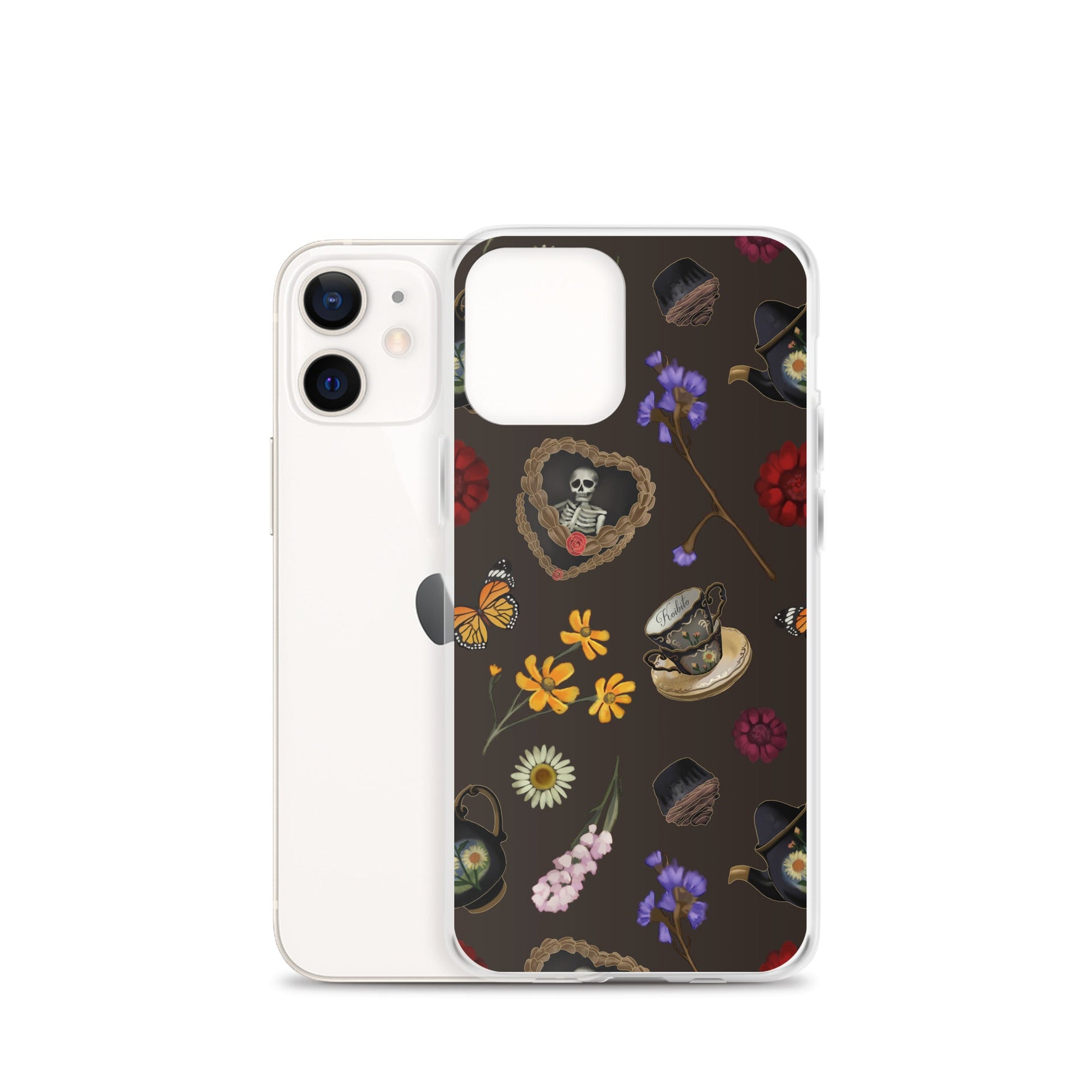 Gothic Tea Time iPhone® Clear Case featuring a unique floral and skull design, perfect for stylish protection.