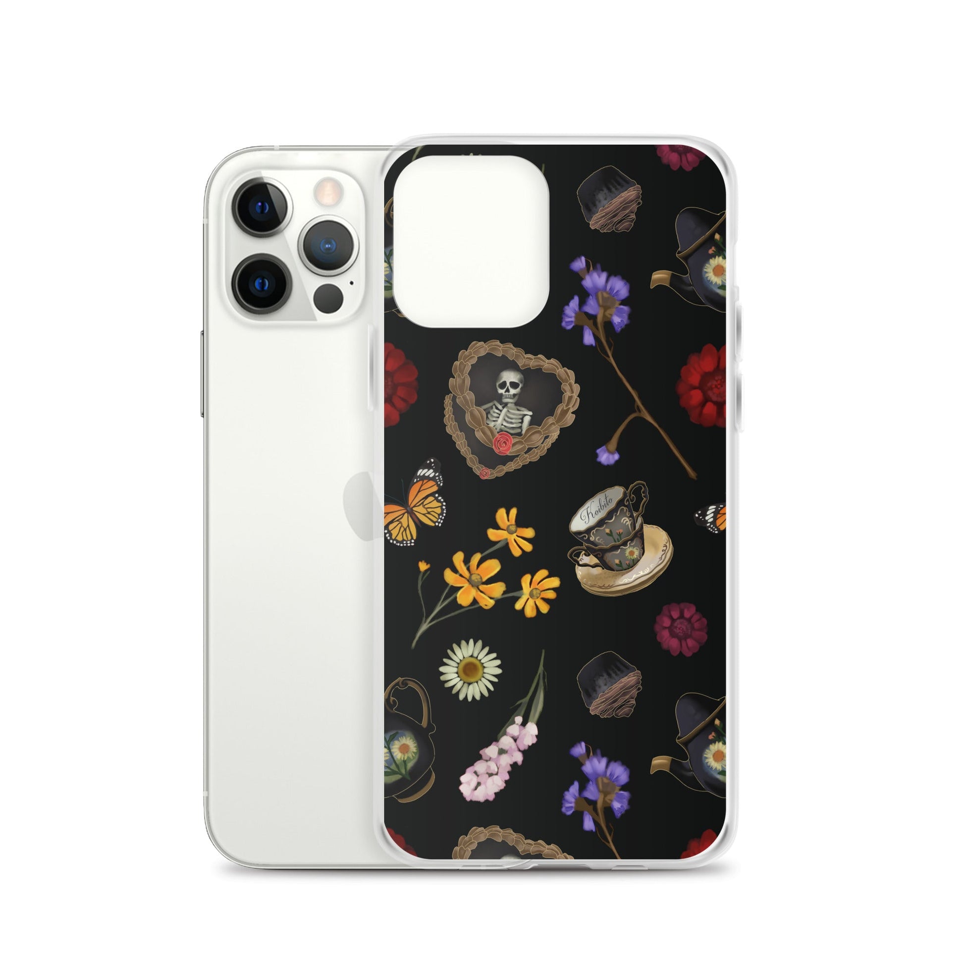 Stylishly protect your phone with the Gothic Tea Time iPhone® Clear Case, featuring intricate floral and skull designs.
