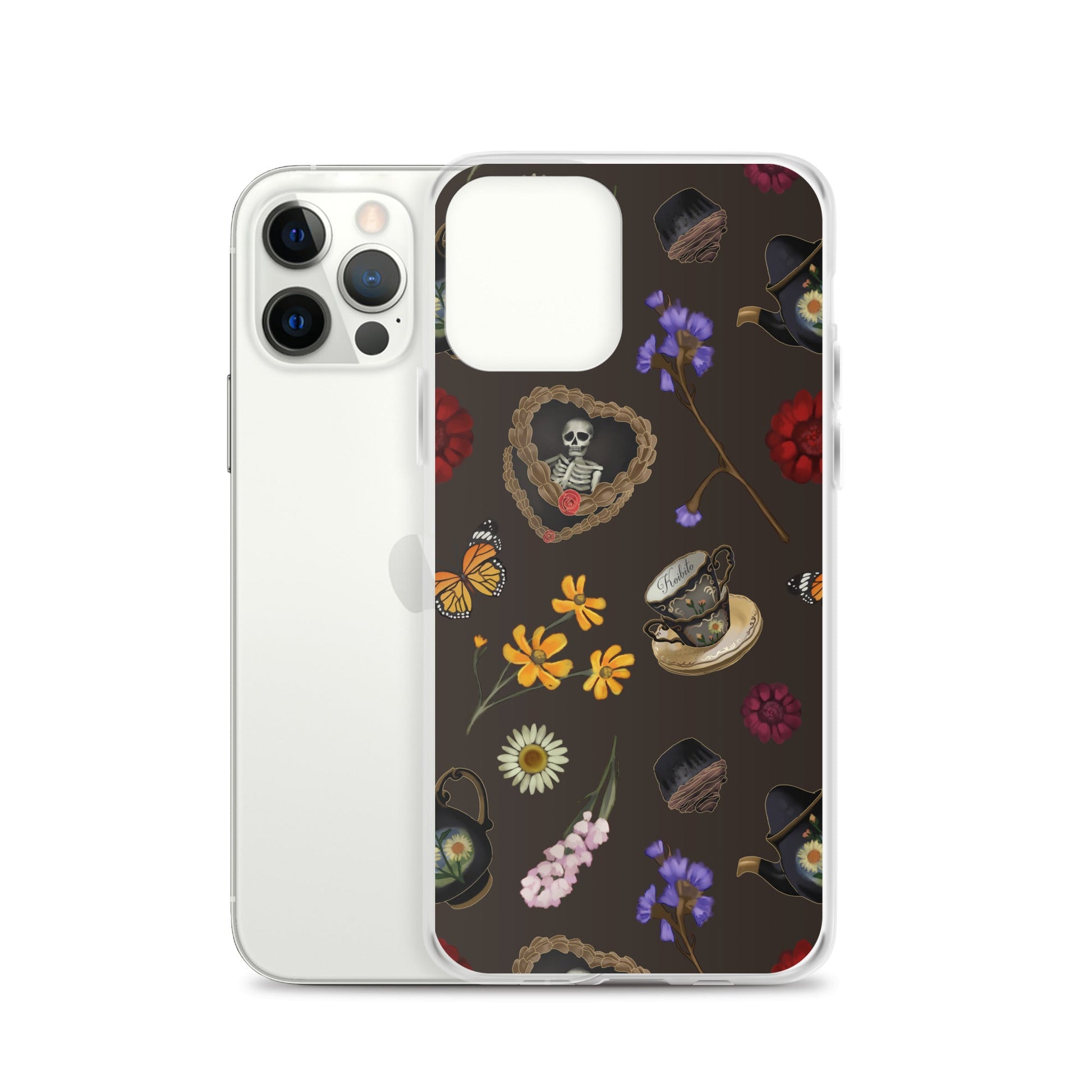 Gothic Tea Time iPhone® Clear Case features a whimsical design with butterflies and teacups, perfect for protection.
