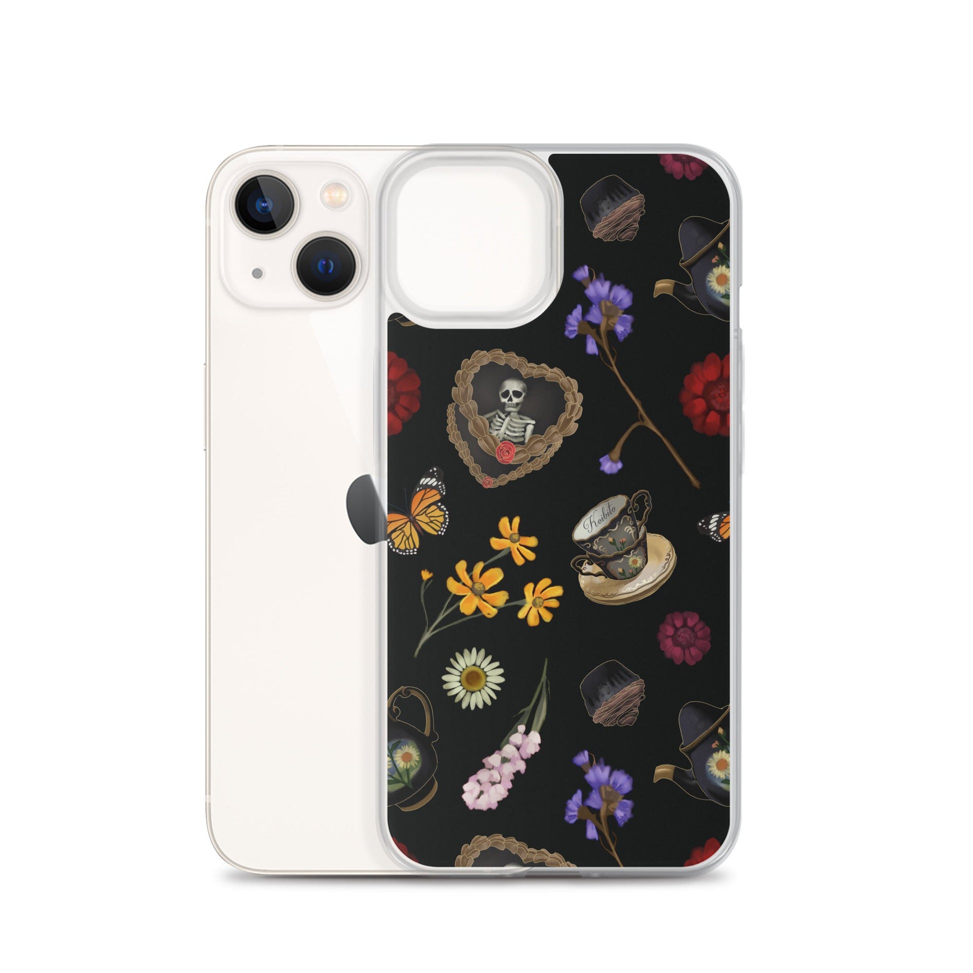 Gothic Tea Time iPhone® Clear Case featuring intricate floral designs and a sleek, protective design for everyday use.