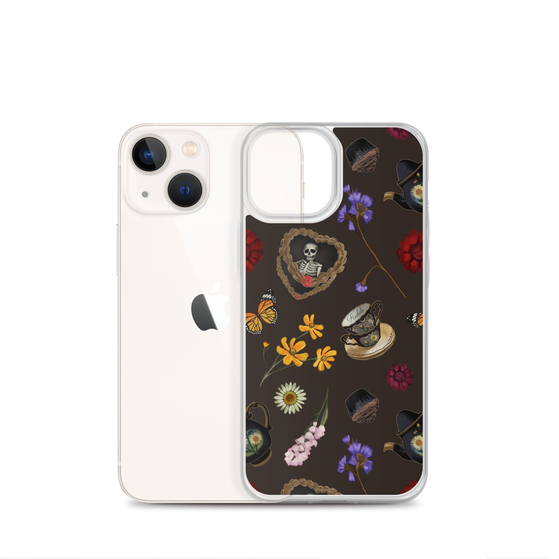 Gothic Tea Time iPhone® Clear Case featuring floral and skull designs, perfect for unique style and protection.