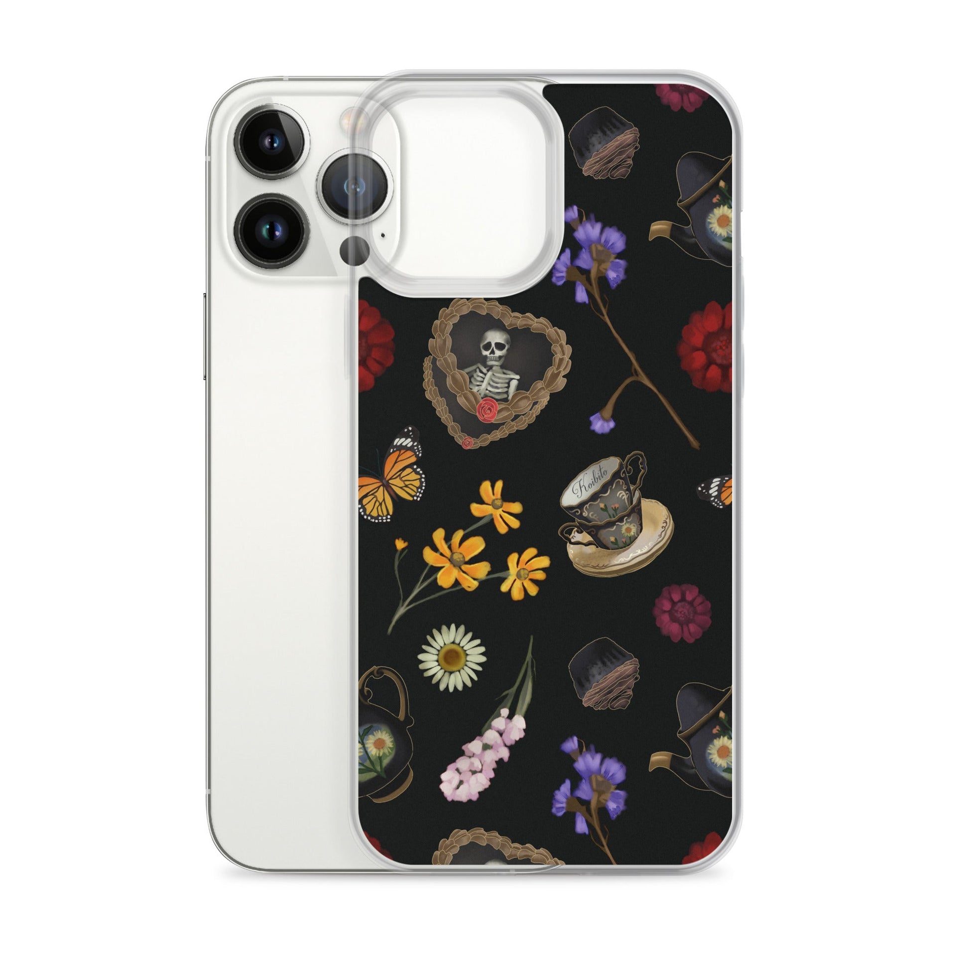 Gothic Tea Time iPhone® Clear Case features a unique design with flowers and skulls, offering stylish protection for your phone.