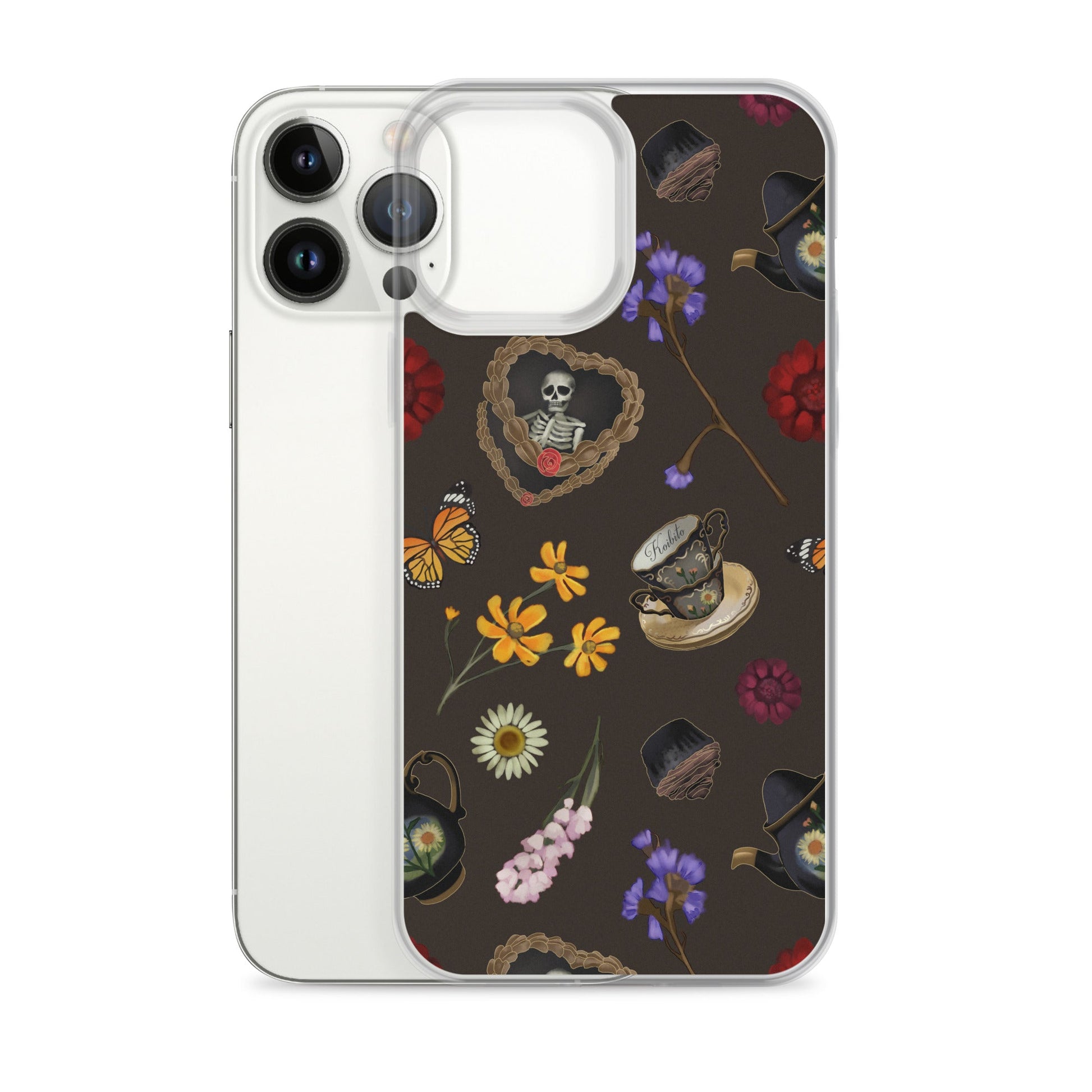 Gothic Tea Time iPhone® Clear Case featuring floral and skull designs for stylish protection from scratches and dust.