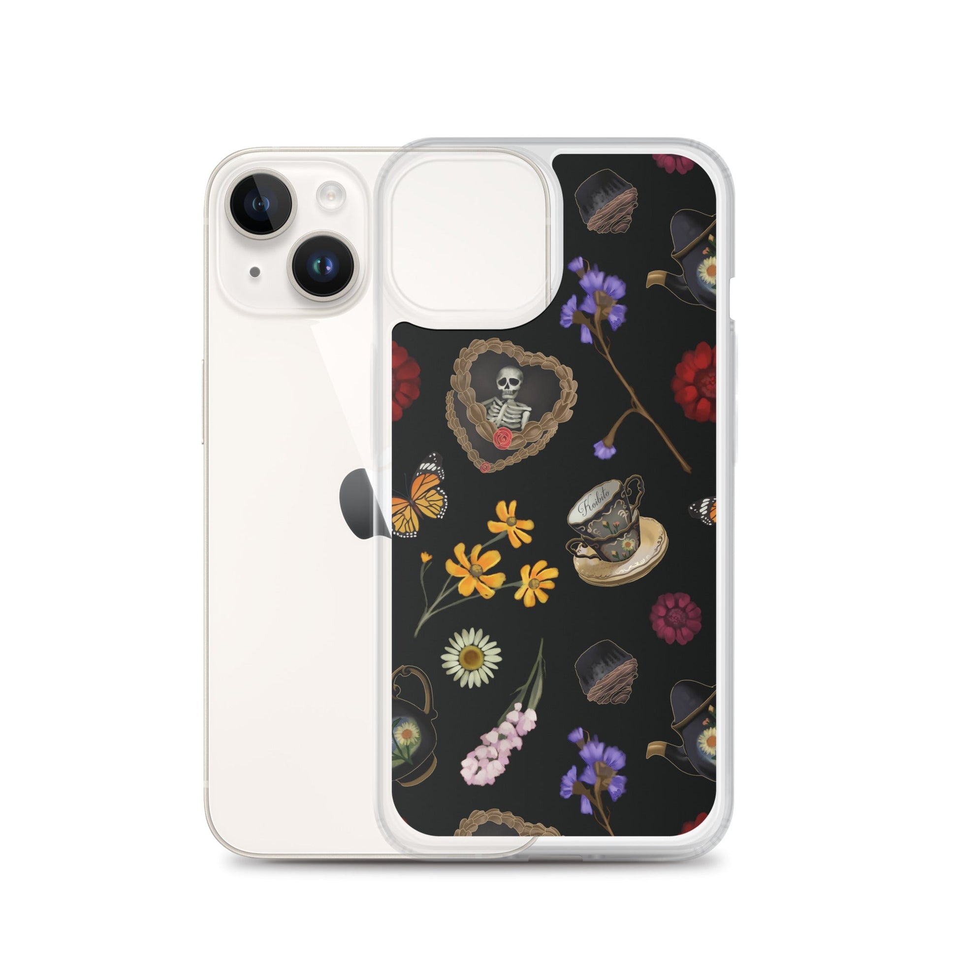 Sleek Gothic Tea Time iPhone® Clear Case showcases vibrant floral and skull designs, protecting against scratches and dirt.