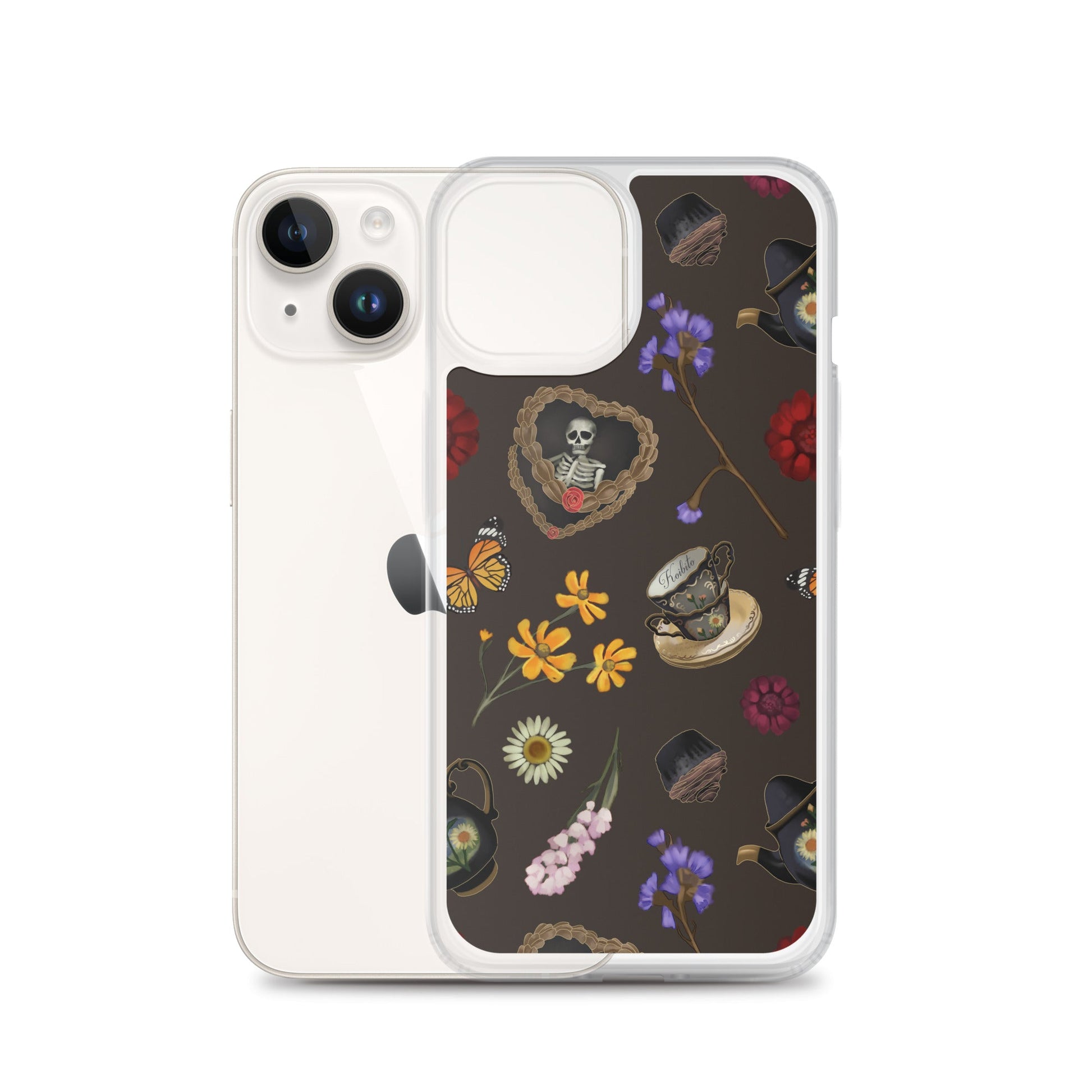 Stylish Gothic Tea Time iPhone® Clear Case featuring intricate floral and skull designs, perfect for protection and style.