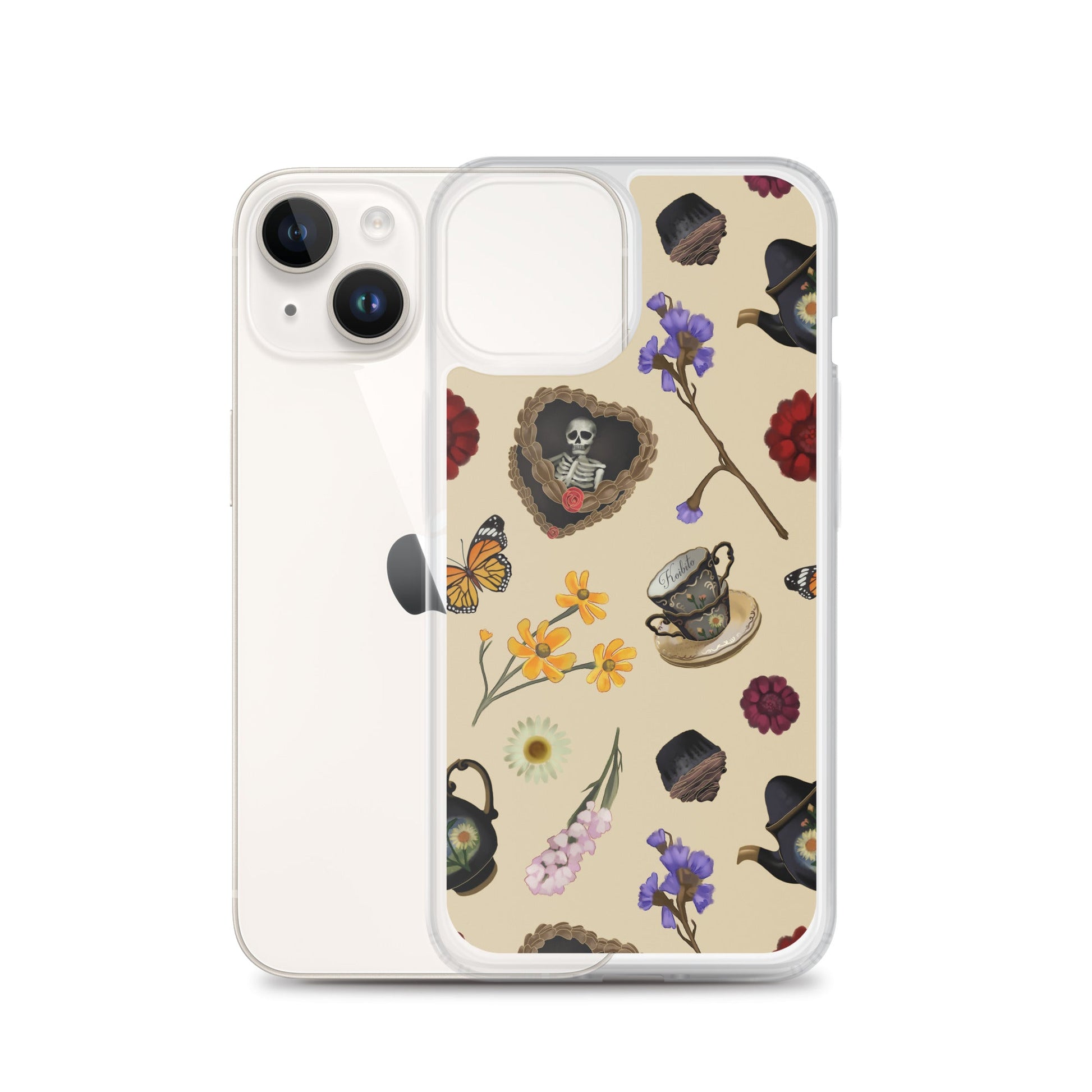 Gothic Tea Time iPhone® Clear Case features whimsical floral and skull designs, offering stylish protection for your device.