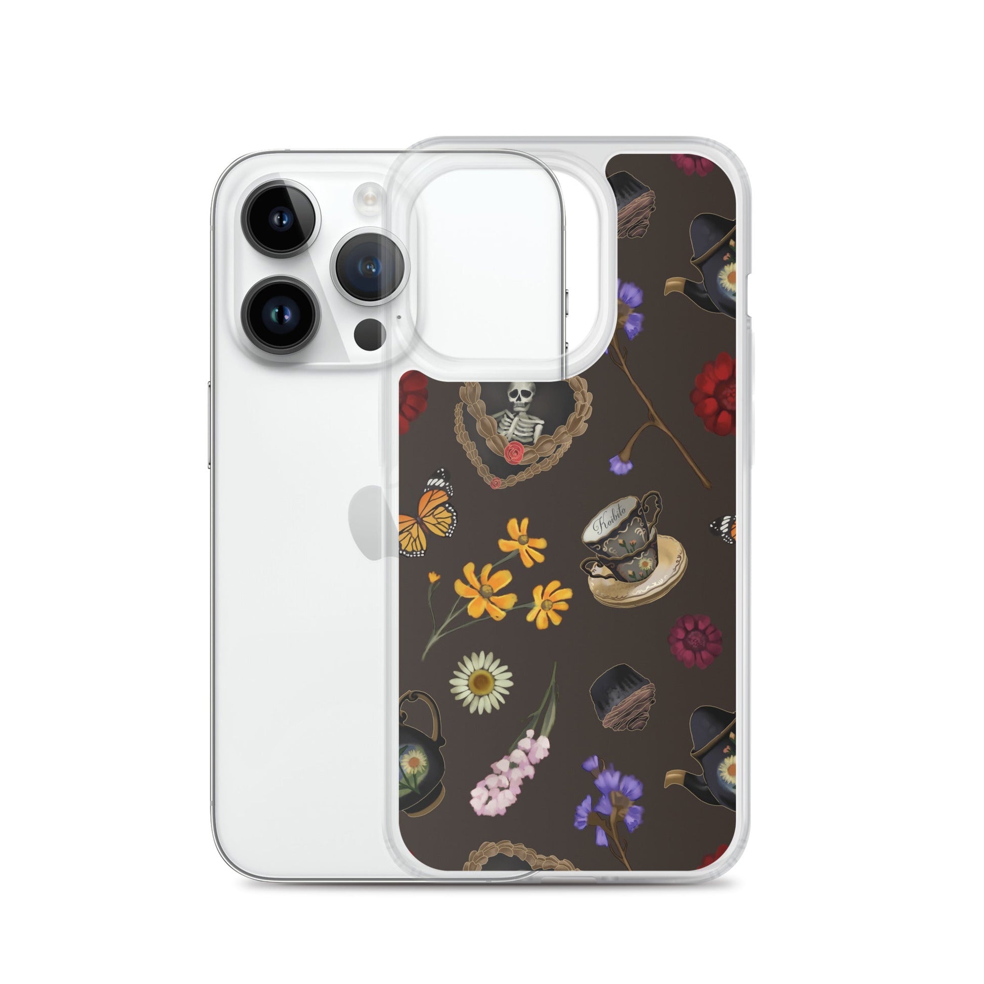 Sleek Gothic Tea Time iPhone® Clear Case featuring floral and skull designs, perfect for protection and style.