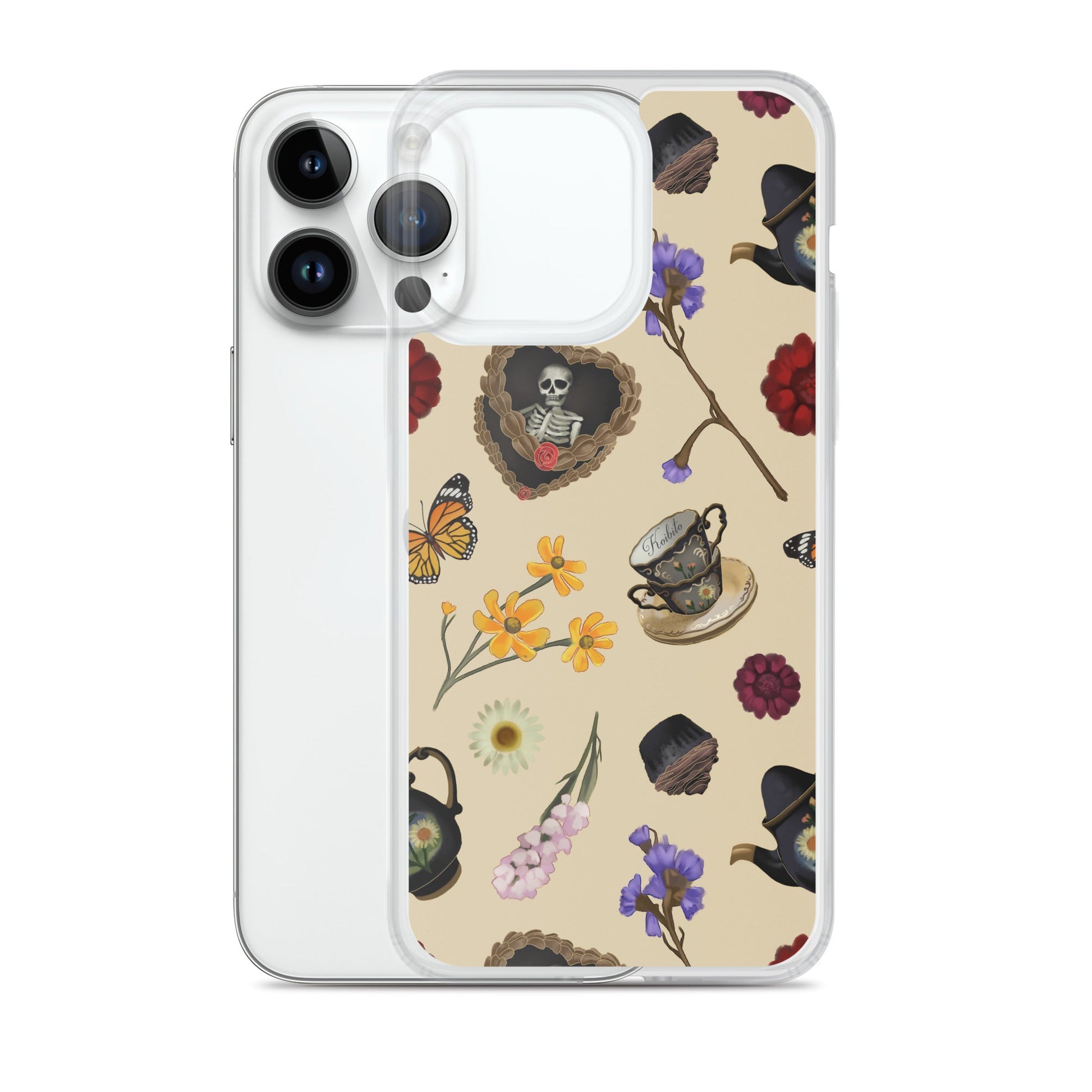 Gothic Tea Time iPhone® Clear Case featuring floral and skull designs, perfect for style and protection.