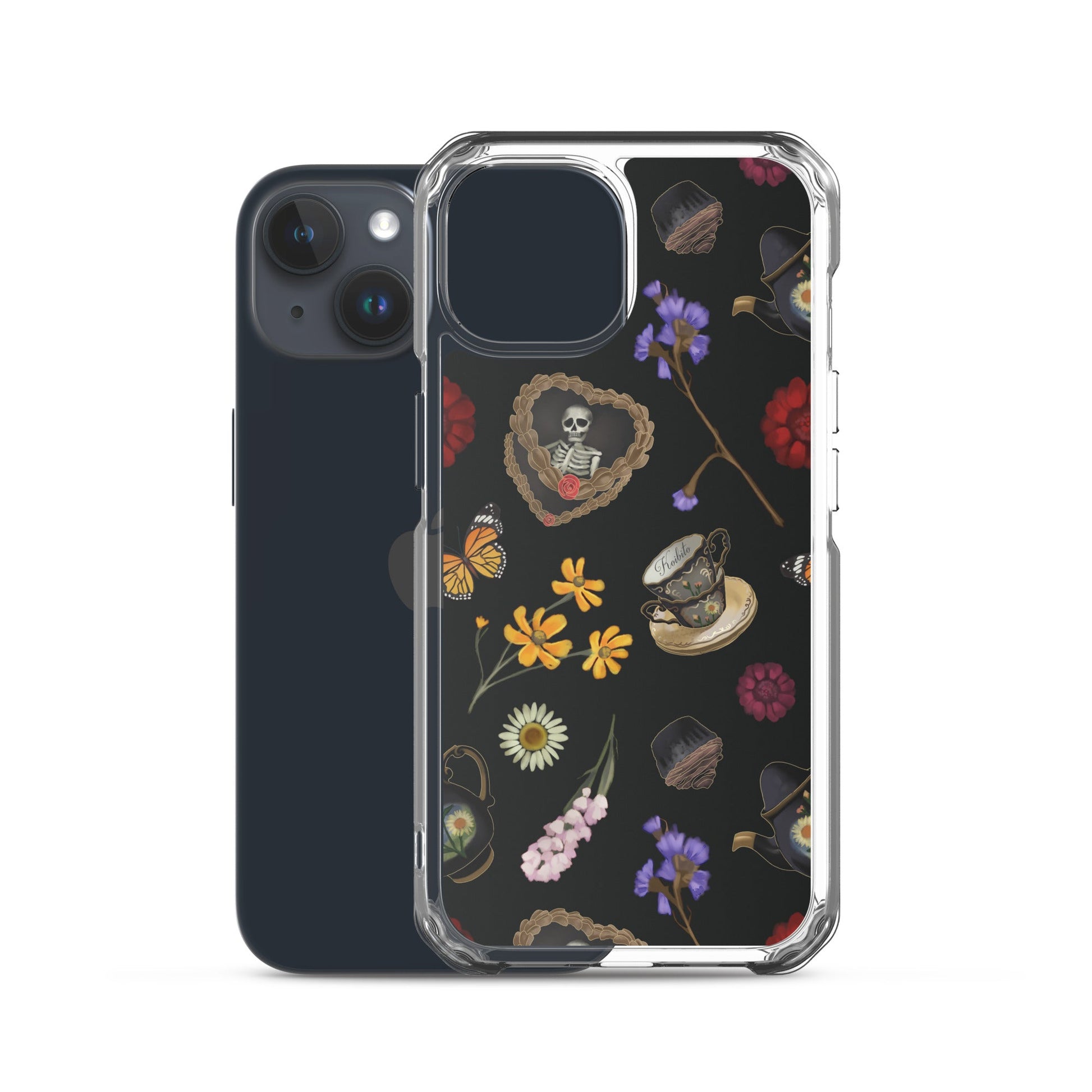 Gothic Tea Time iPhone® Clear Case features a unique design with flowers and skulls for stylish protection.