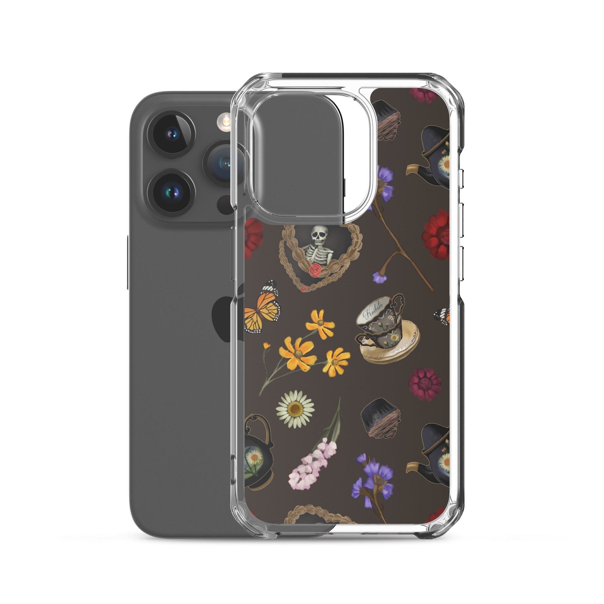 Sleek Gothic Tea Time iPhone® Clear Case featuring floral and skull designs, ideal for protection and style.