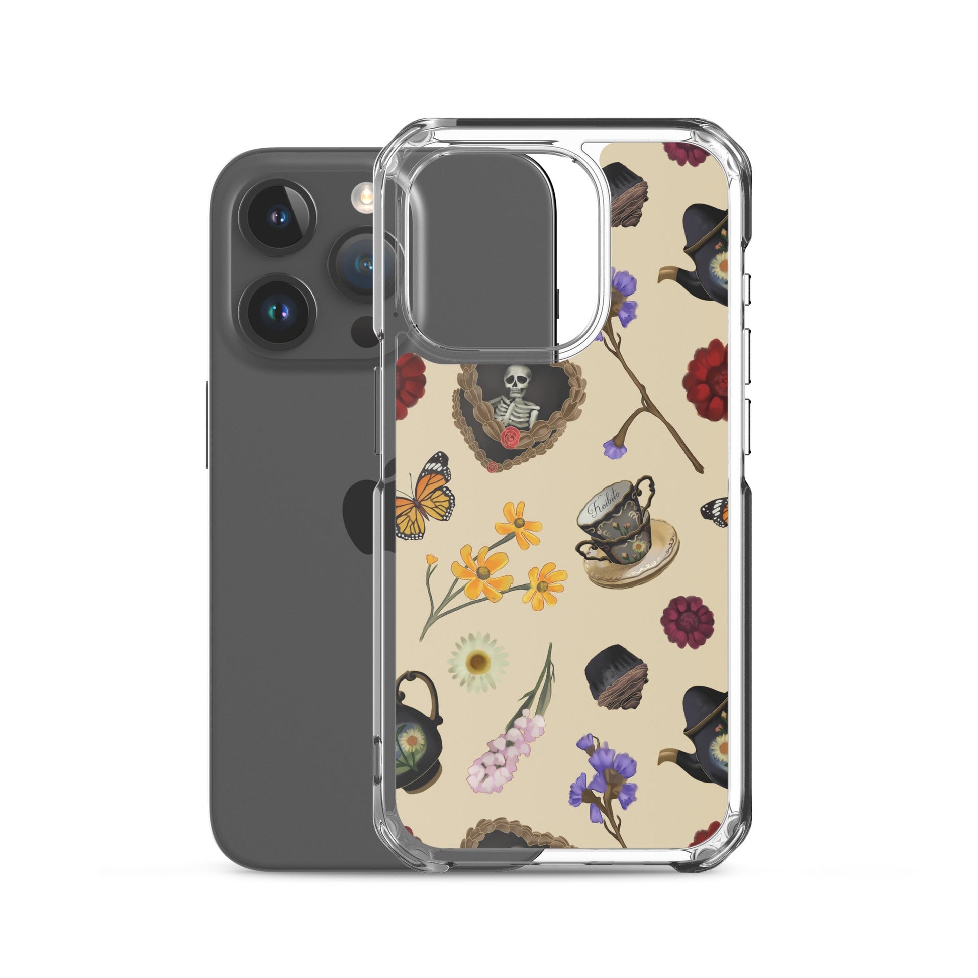 Protect your iPhone® in style with the Gothic Tea Time iPhone® Clear Case featuring unique floral and skull designs.