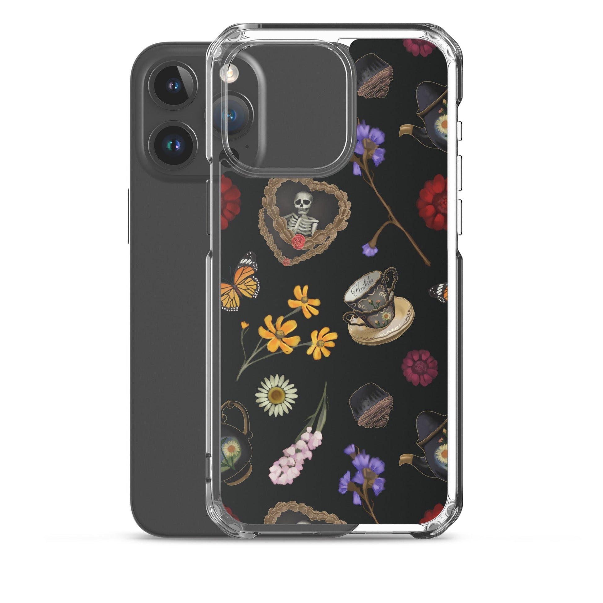 Stylish Gothic Tea Time iPhone® Clear Case featuring floral and skull designs, perfect for protection and style.
