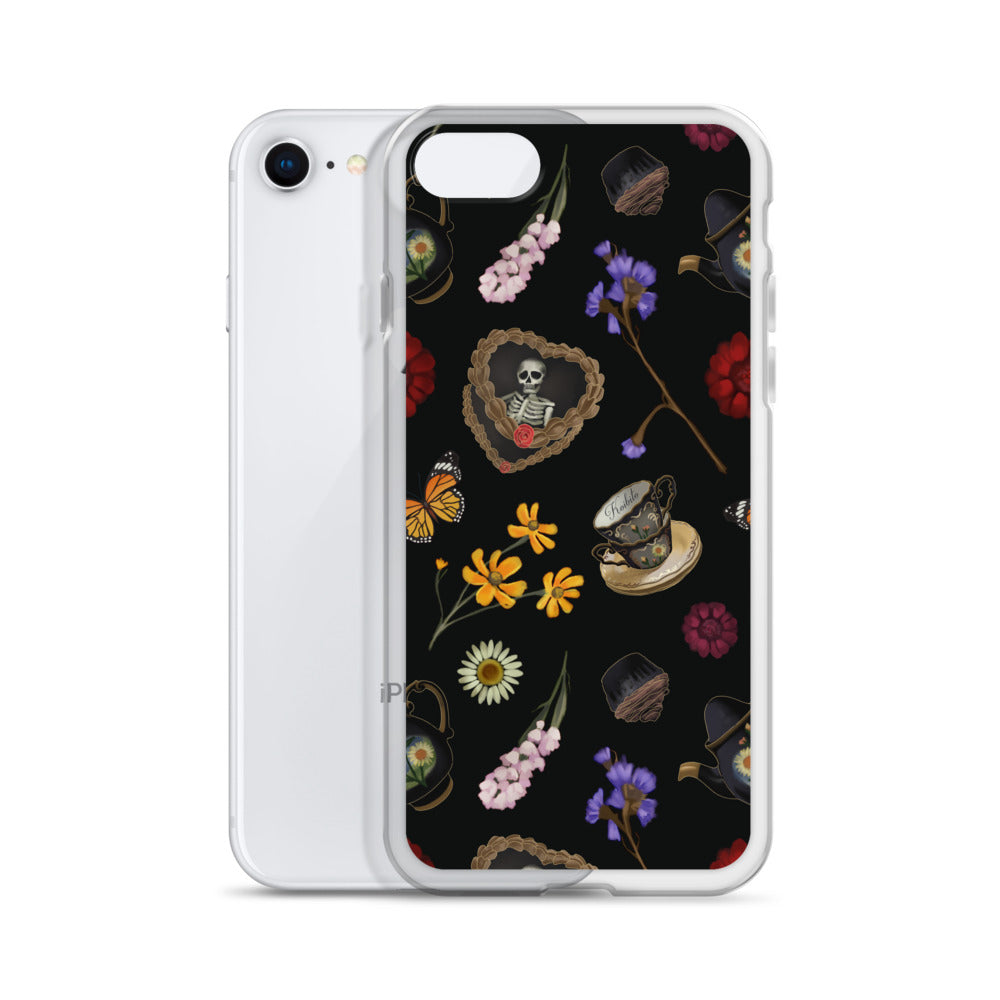 Gothic Tea Time iPhone® Clear Case featuring elegant floral and skull designs, perfect for protection and style.