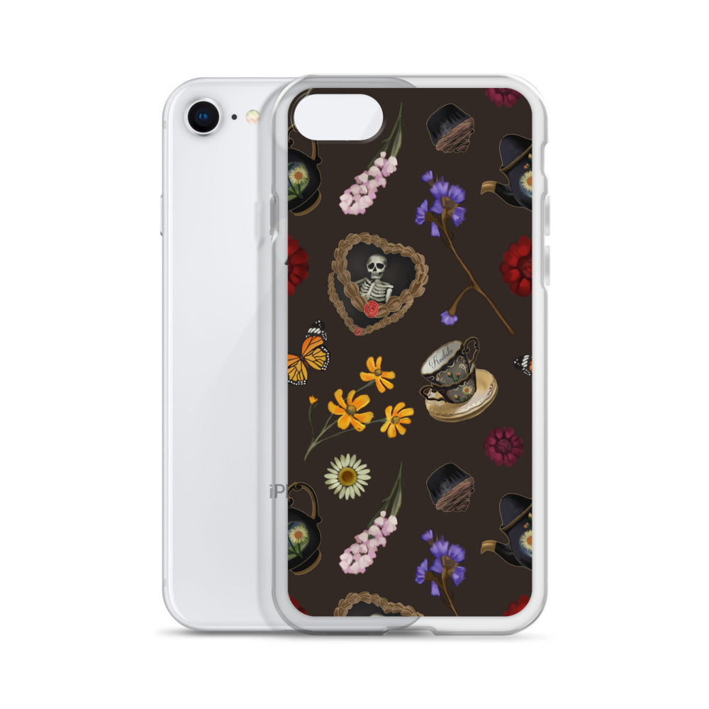 Gothic Tea Time iPhone® Clear Case featuring floral and skull designs, protecting your phone stylishly and securely.