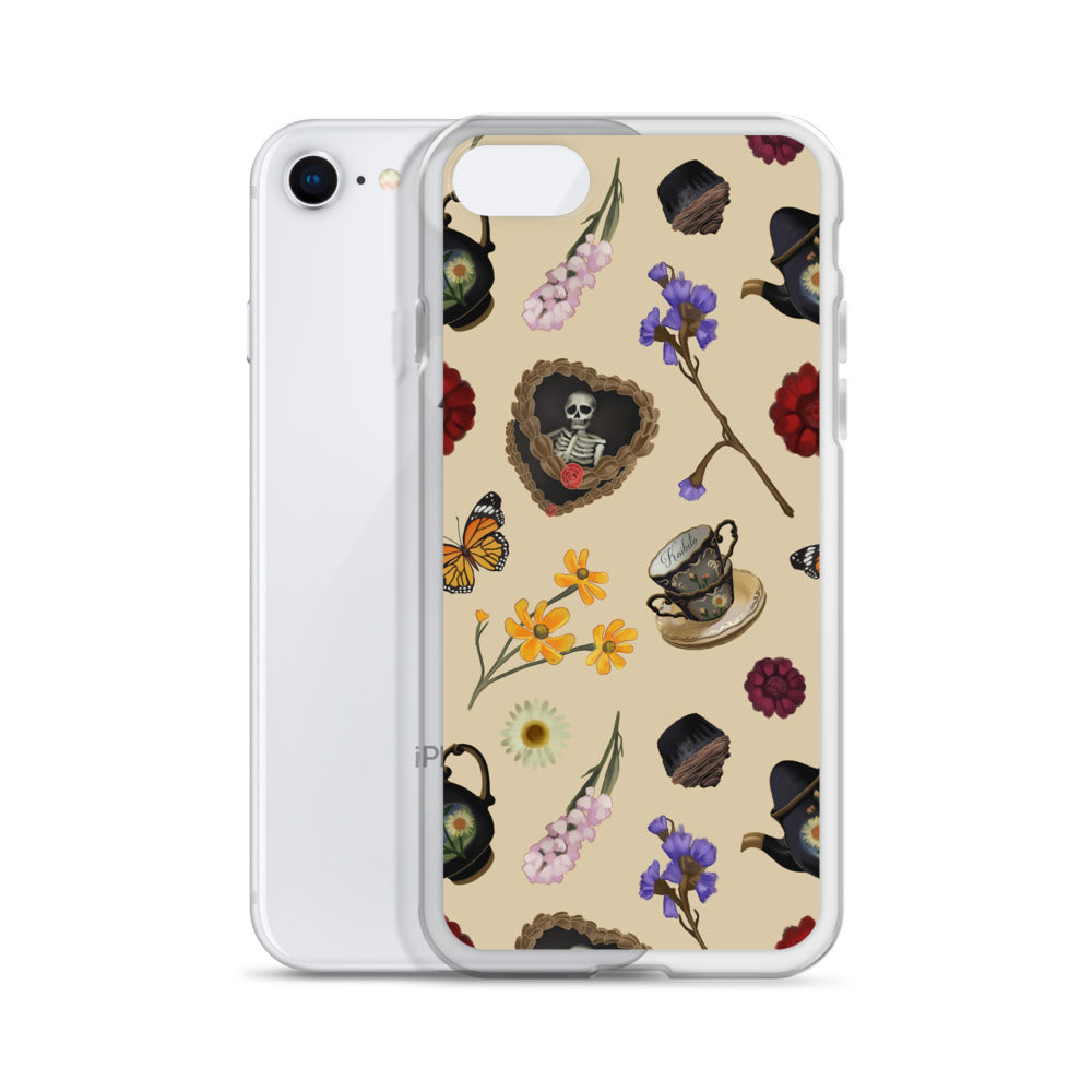Gothic Tea Time iPhone® Clear Case featuring intricate design, offering sleek protection against everyday wear.